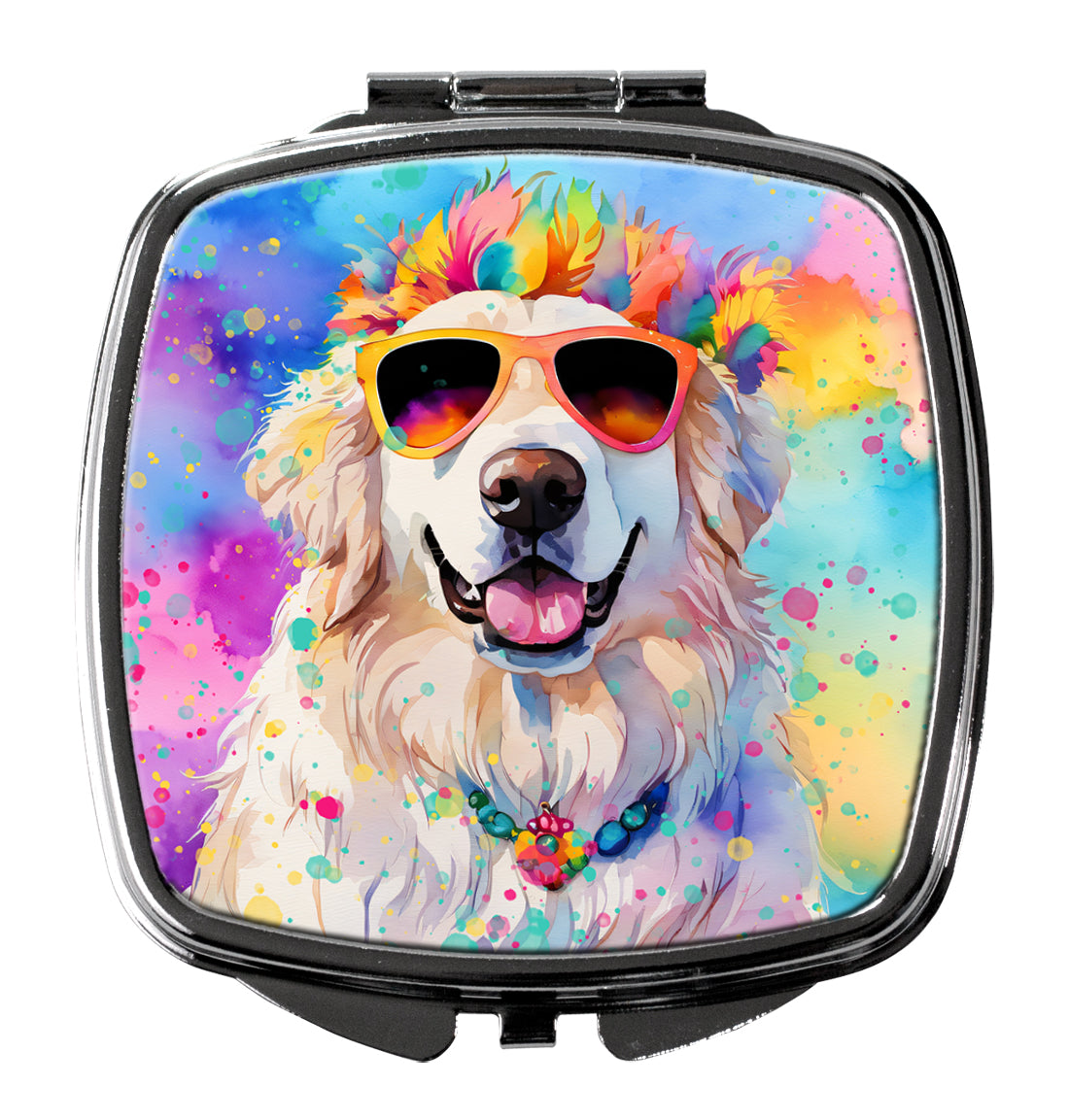 Great Pyrenees Hippie Dawg Compact Mirror Decorative Travel Makeup Mirror for Women Girls Gifts Pocket Makeup Mirror Folding Handheld