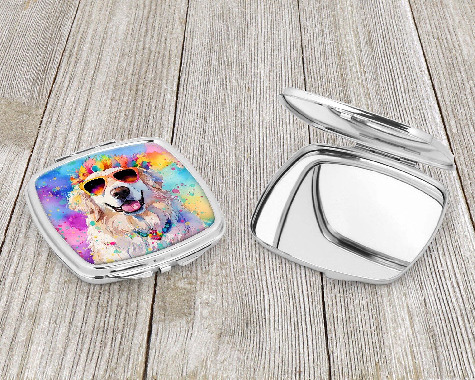Great Pyrenees Hippie Dawg Compact Mirror Decorative Travel Makeup Mirror for Women Girls Gifts Pocket Makeup Mirror Folding Handheld