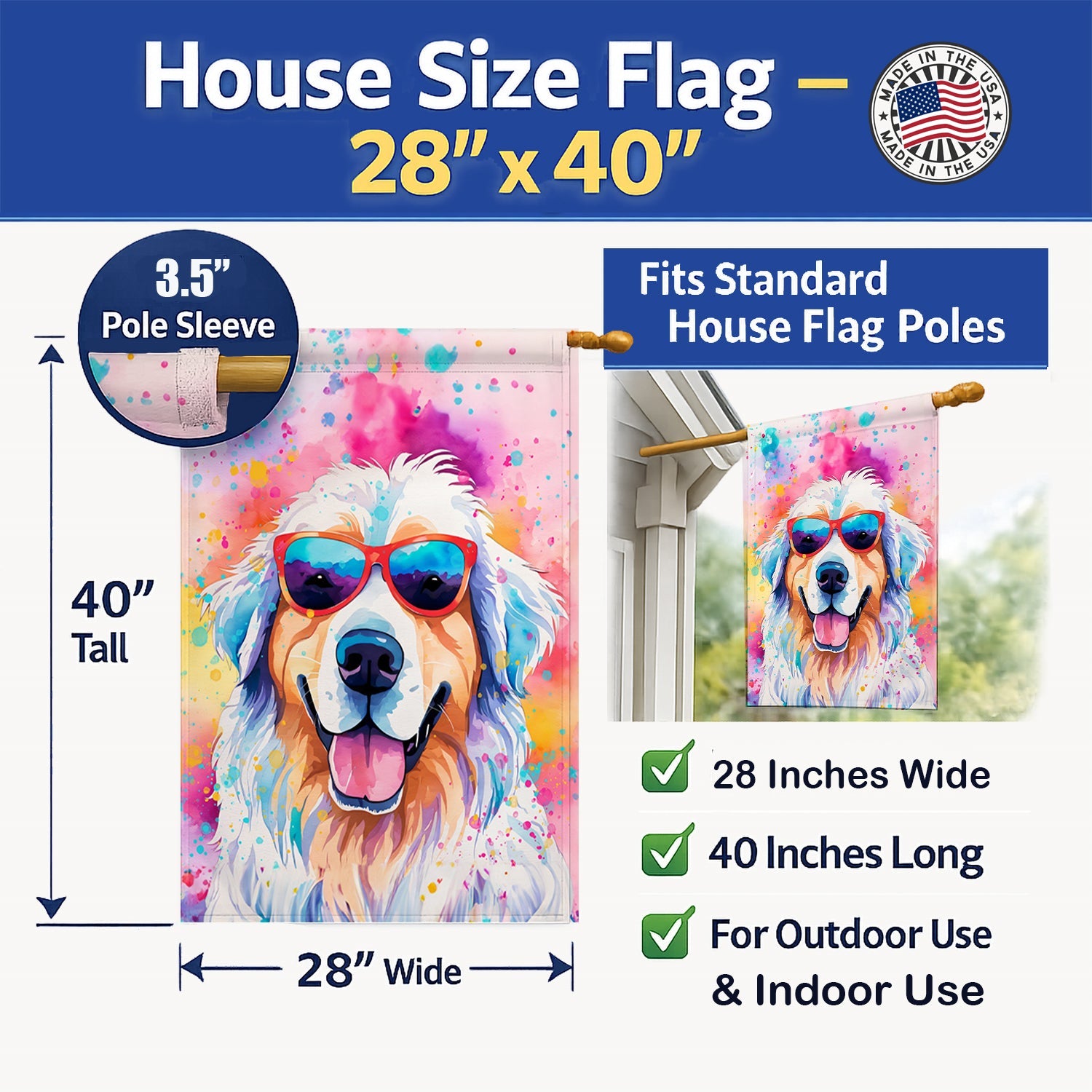 Great Pyrenees Hippie Dawg House Flag 28x40 Porch Sleeve Pole Decorative Outside Yard Banner Artwork Wall Hanging, Polyester
