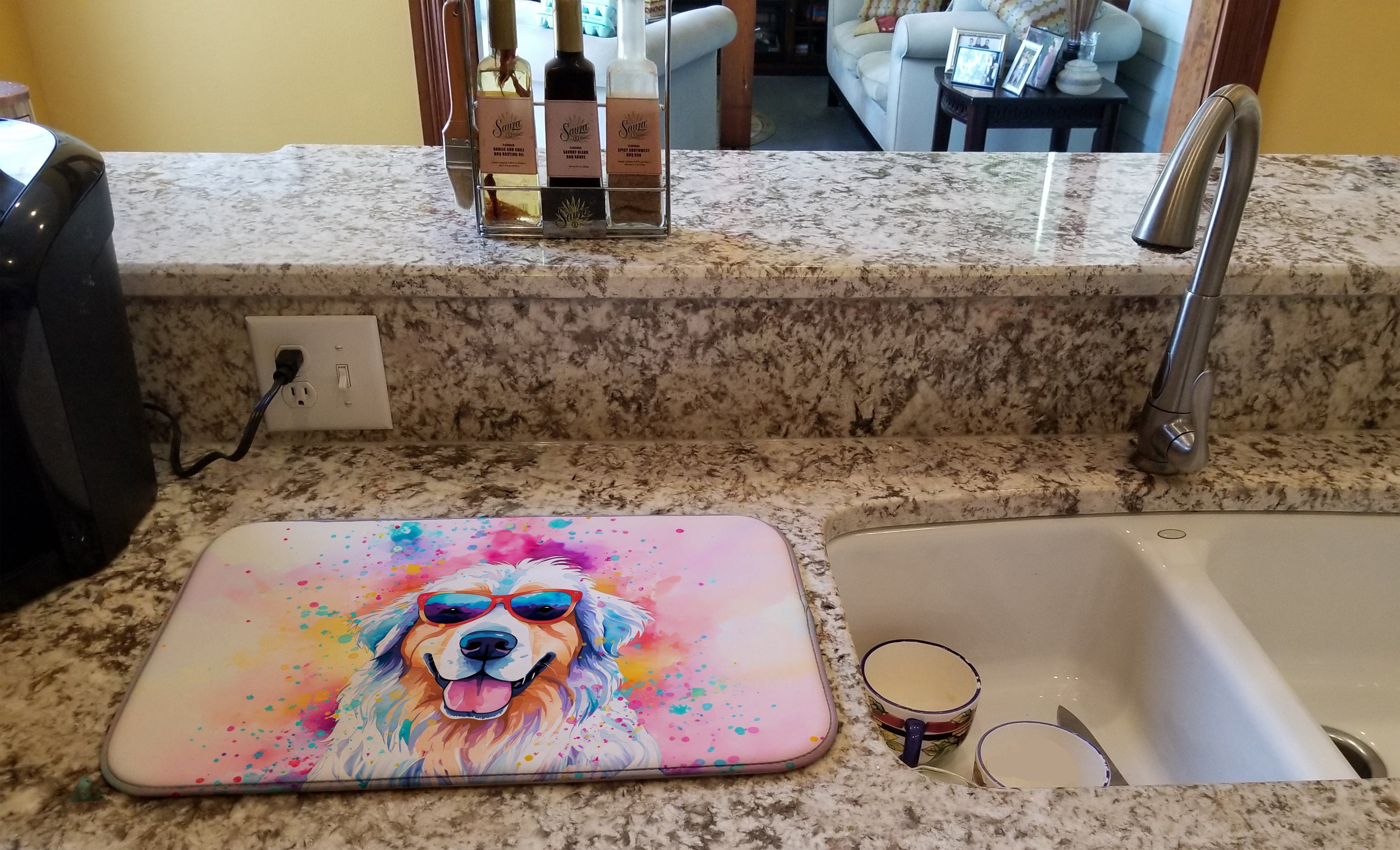 Great Pyrenees Hippie Dawg Dish Drying Mat Absorbent Dish Drying Mat Pad for Kitchen Counter Dish Drainer Mat for Countertop, 14 x 21", Multicolor