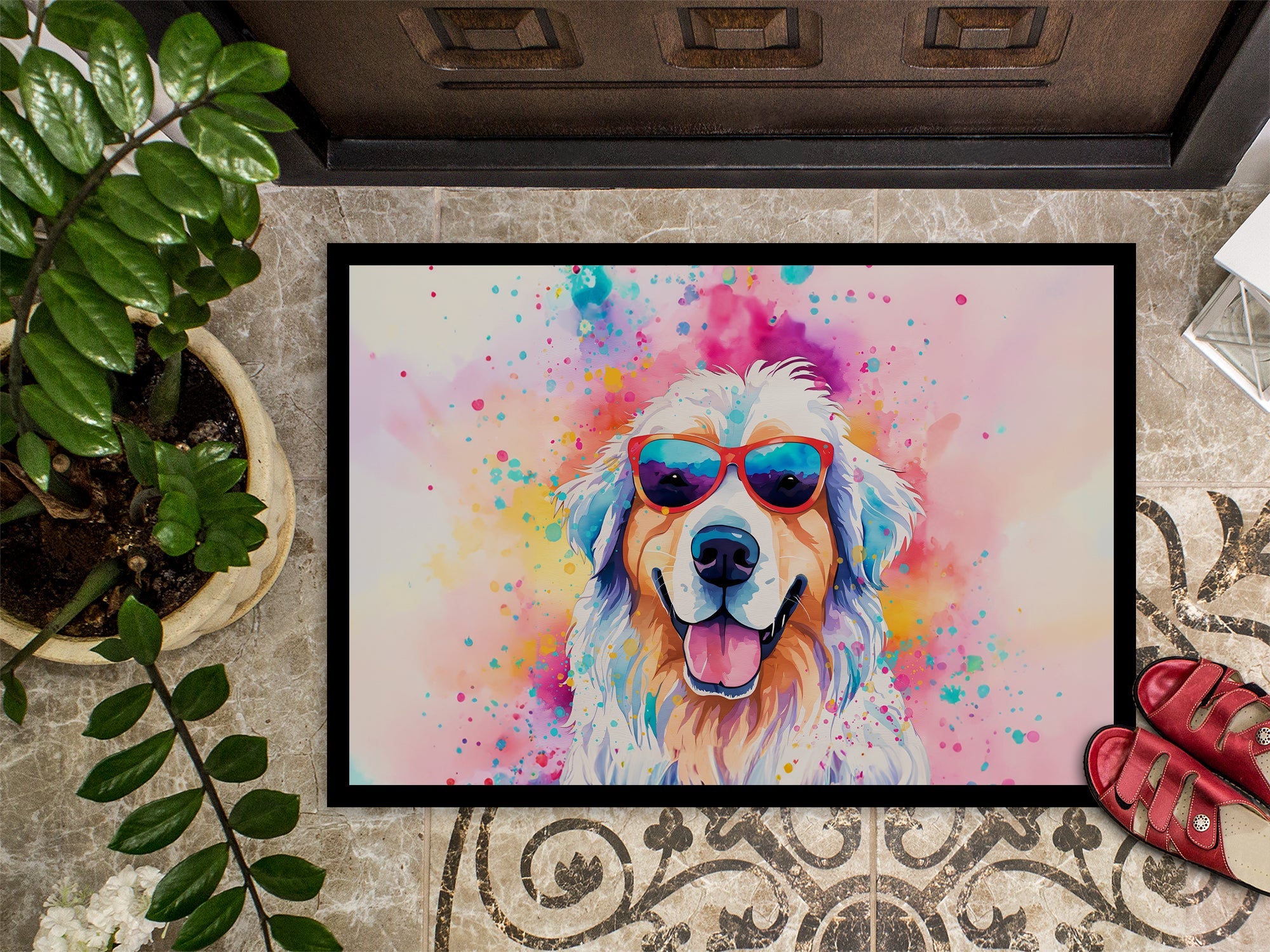 Great Pyrenees Hippie Dawg Doormat Indoor Outdoor 24H X 36W Front Door Mat Rugs for Entryway, Non Slip Washable Low Pile,