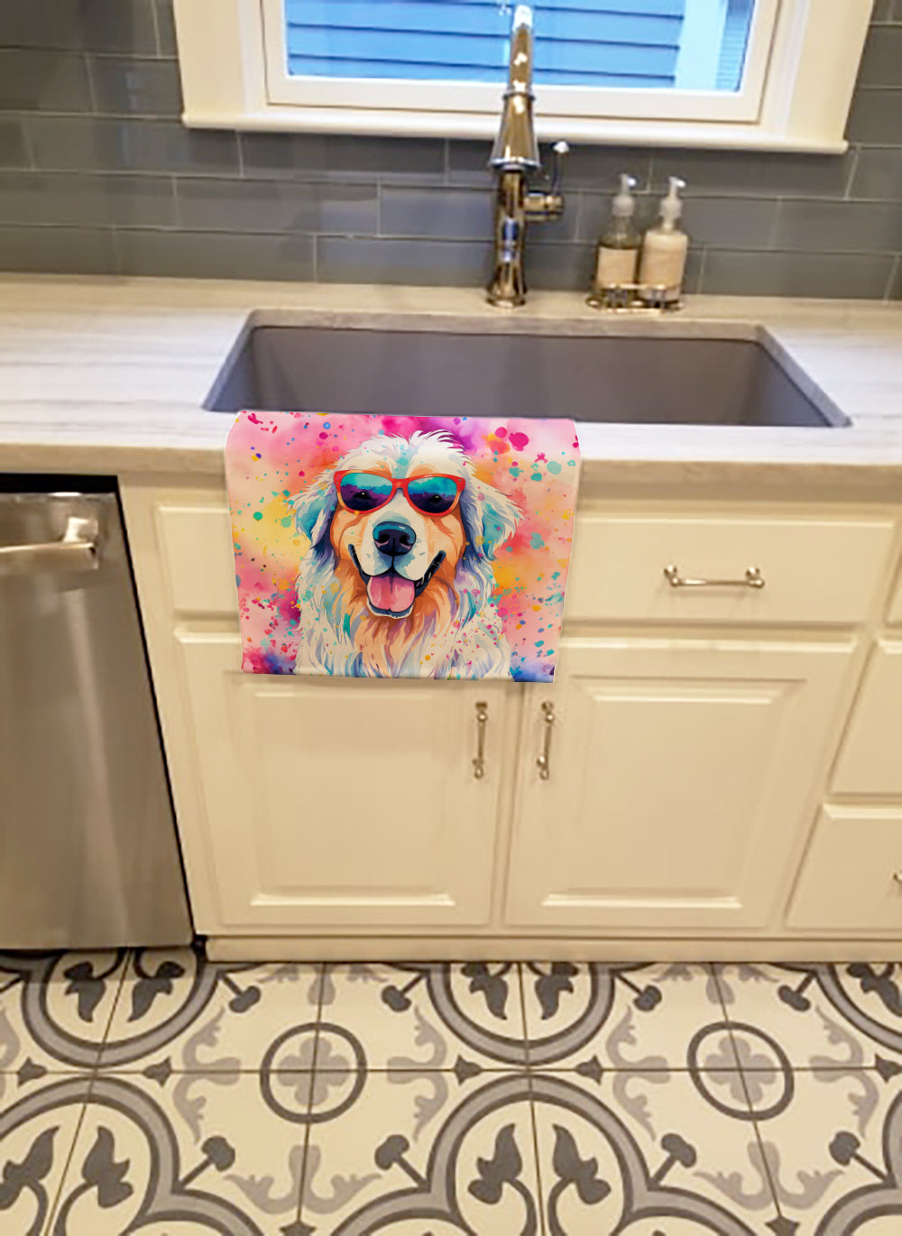 Great Pyrenees Hippie Dawg Kitchen Towel Velour Plush Front and Cotton Loop Back Machine Washable