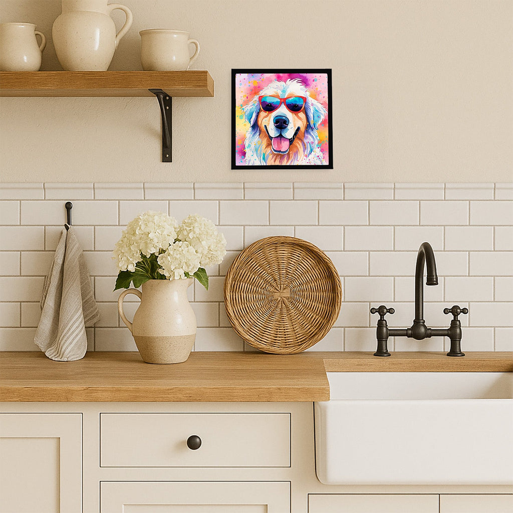 Great Pyrenees Hippie Dawg Framed Metal Print Bathroom, Kitchen, Office, Home Decor Wall Art Ready to Hang, Square, 8X8