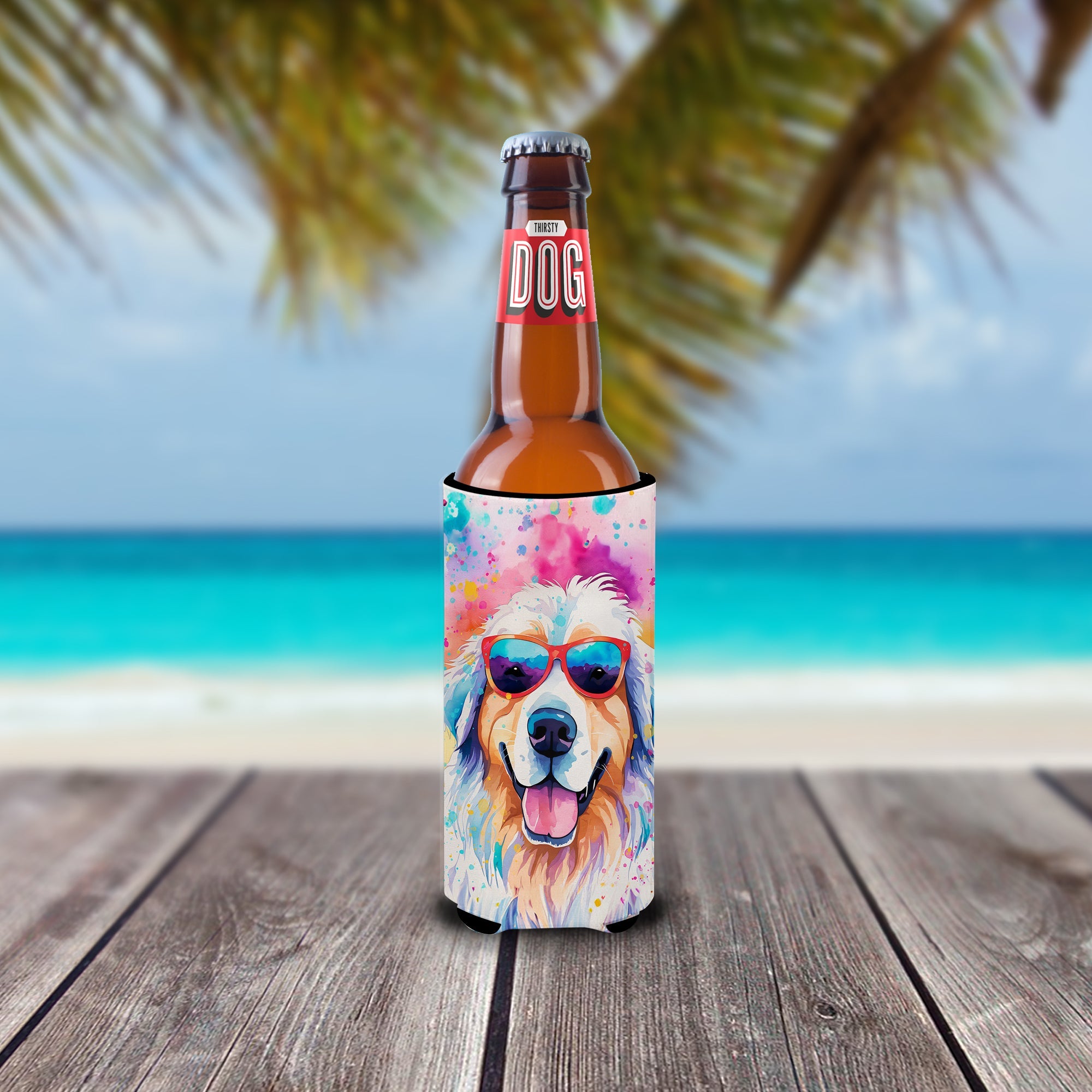 Great Pyrenees Hippie Dawg Slim Can Hugger , Insulated Foam Hugger for 12 oz Slim Cans, Beer Bottles & Water Bottles, Printed in USA