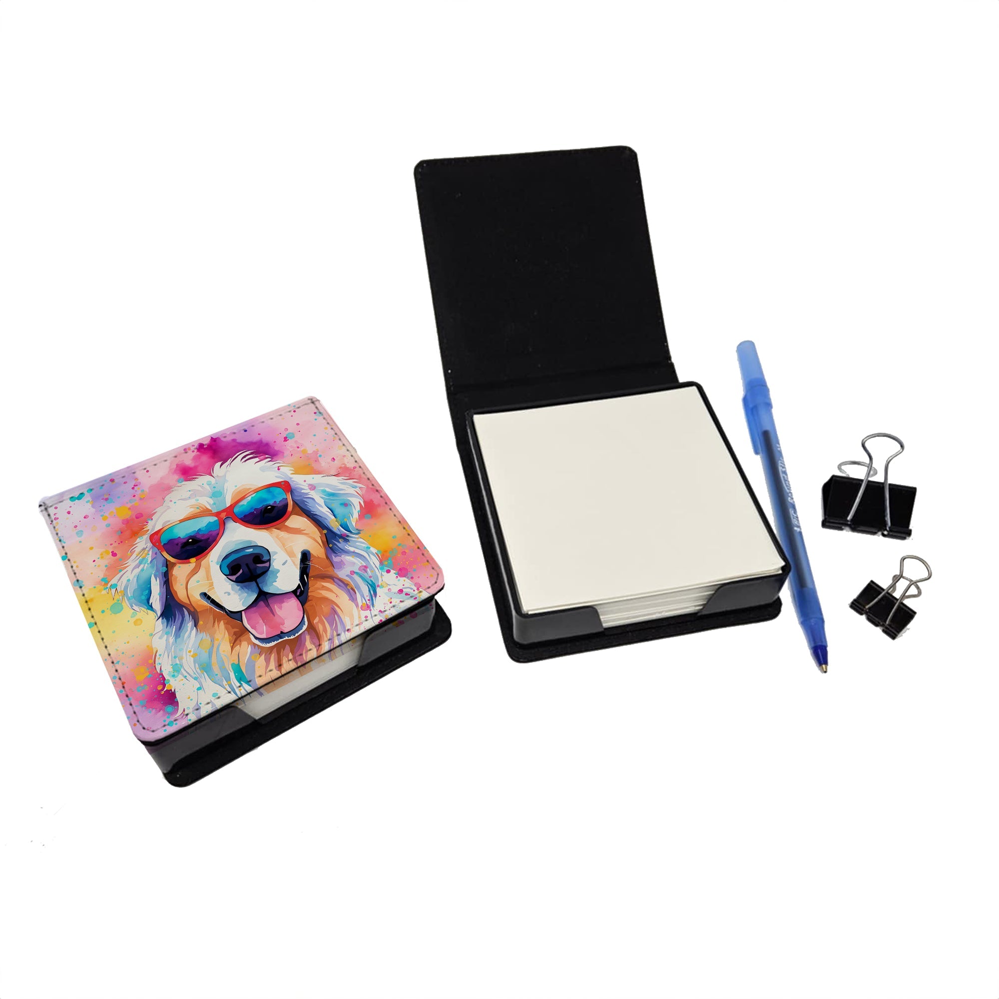 Great Pyrenees Hippie Dawg PU Leather Note Paper Holder with Artist-Designed Cover, Desk Accessory, Office Gift