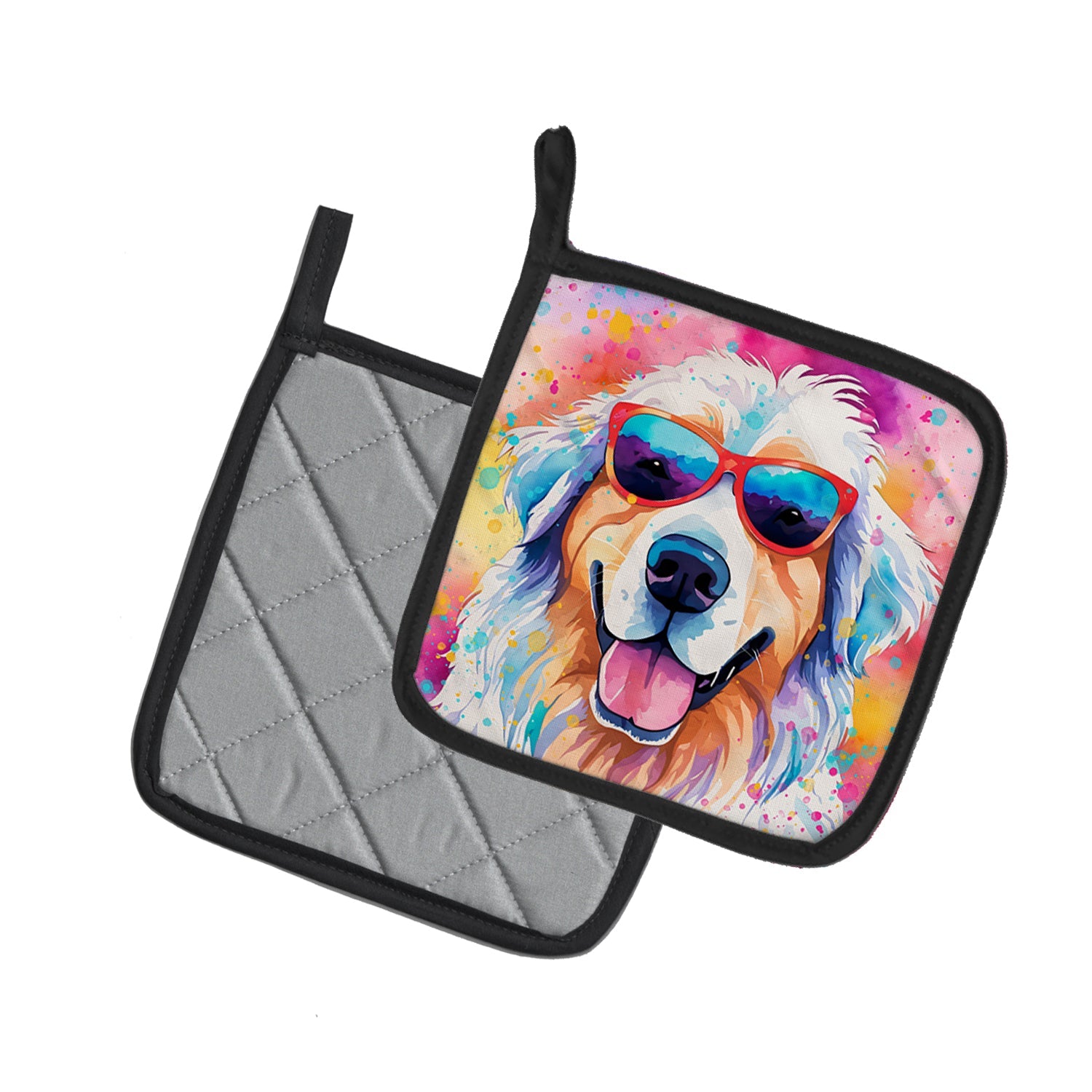 Great Pyrenees Hippie Dawg Pot Holder Set of 2 Heat Resistant Quilted Hot Pads 7.5 x 7.5 Inch, Insulated Kitchen Trivets for Cooking & Baking