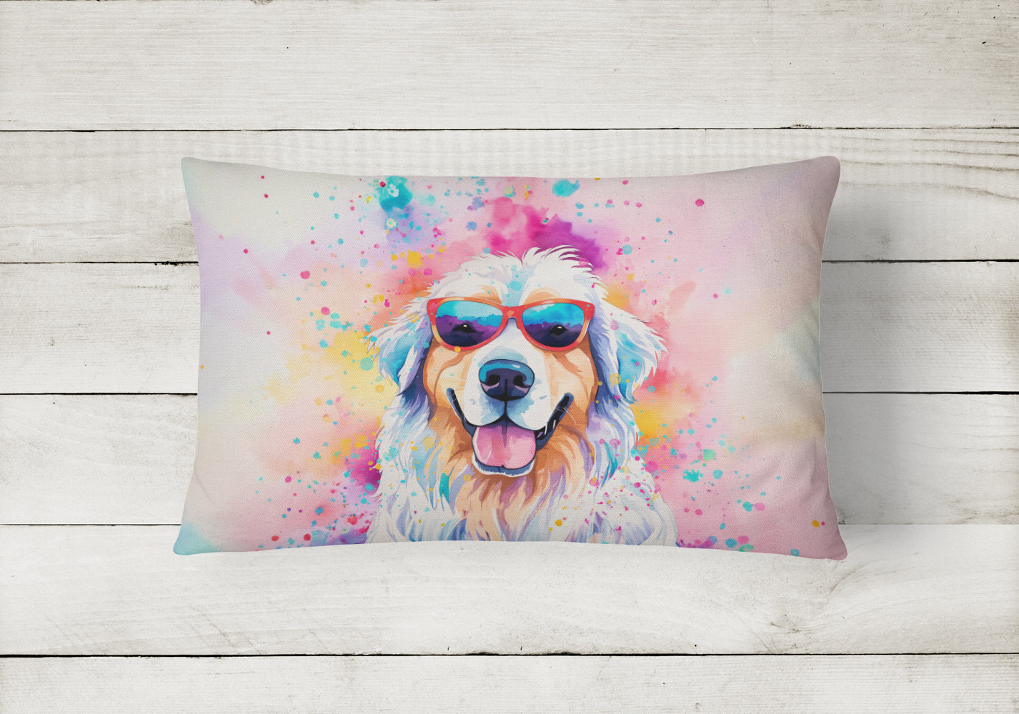 Great Pyrenees Hippie Dawg Decorative Throw Pillow 12x16 Indoor Outdoor Accent Cushion, Fabric Cover with Insert for Sofa, Bed, Porch & Living Room