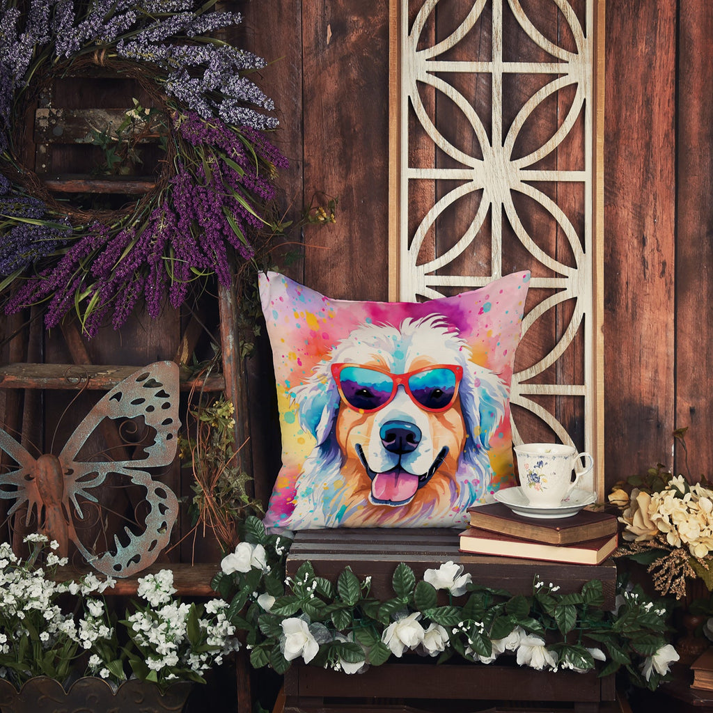 Great Pyrenees Hippie Dawg Decorative Throw Pillow 14x14 Indoor Outdoor Accent Cushion, Fabric Cover with Insert for Sofa, Bed, Porch & Living Room