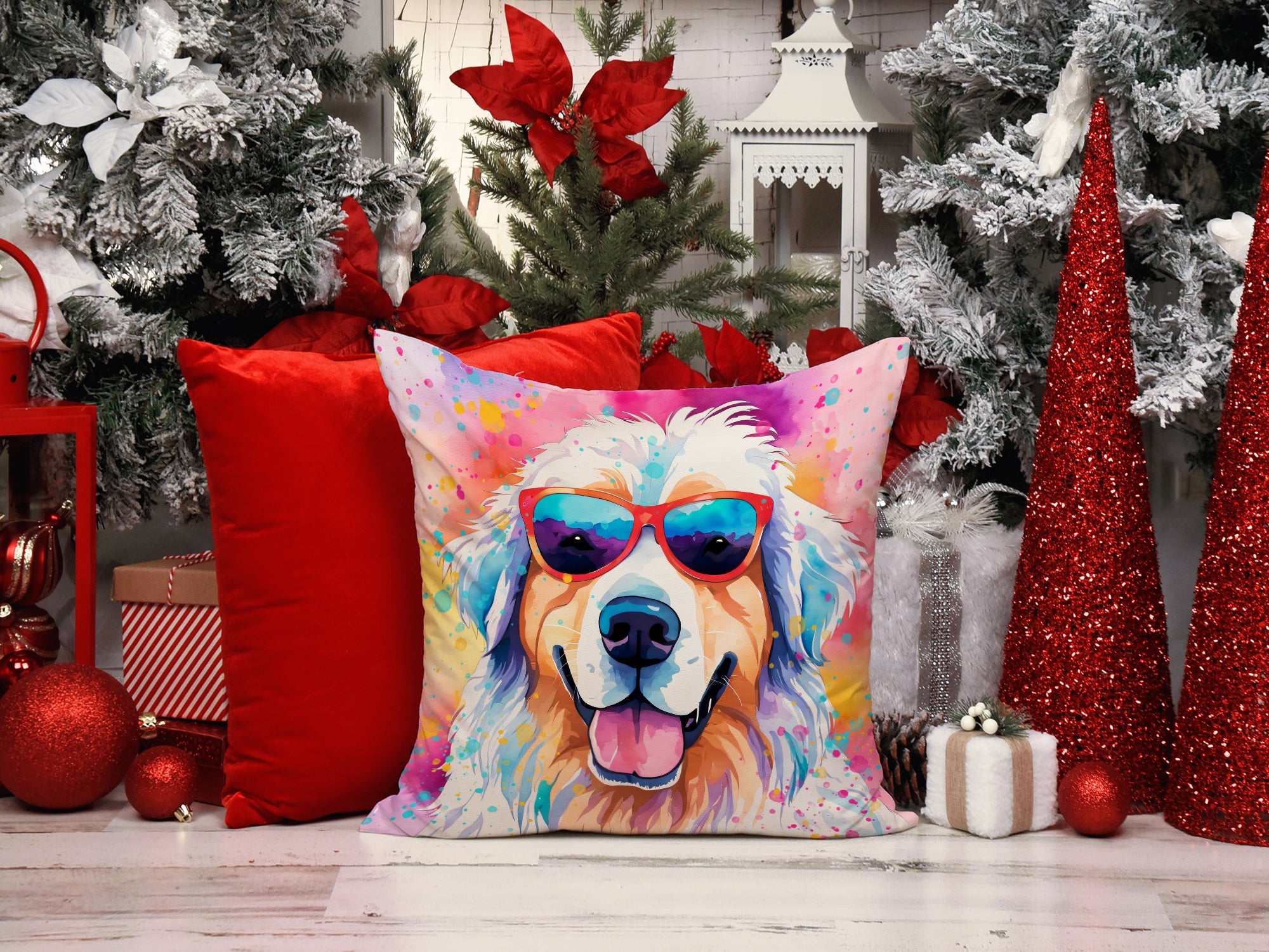Great Pyrenees Hippie Dawg Decorative Throw Pillow 18x18 Indoor Outdoor Accent Cushion, Fabric Cover with Insert for Sofa, Bed, Porch & Living Room