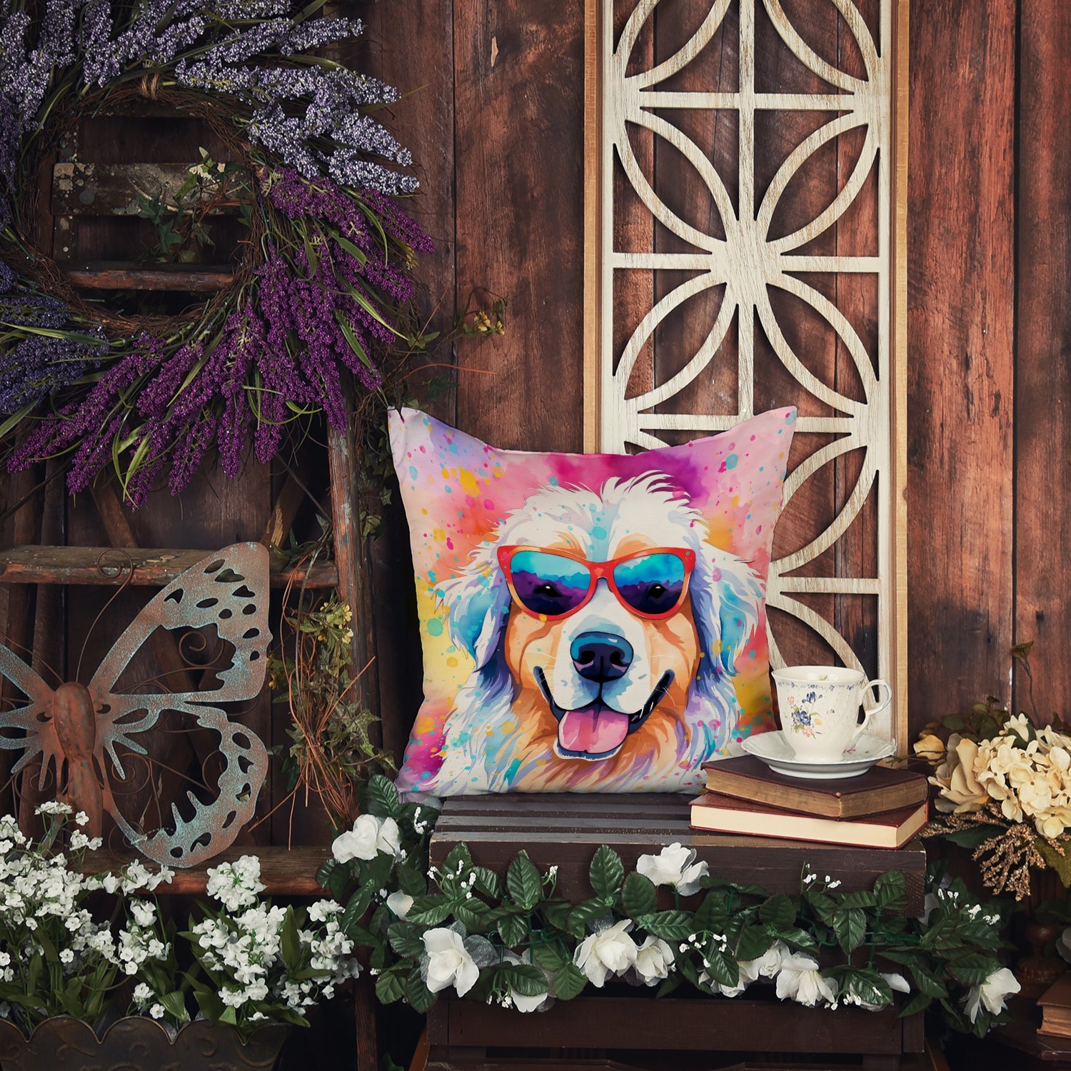 Great Pyrenees Hippie Dawg Decorative Throw Pillow 18x18 Indoor Outdoor Accent Cushion, Fabric Cover with Insert for Sofa, Bed, Porch & Living Room