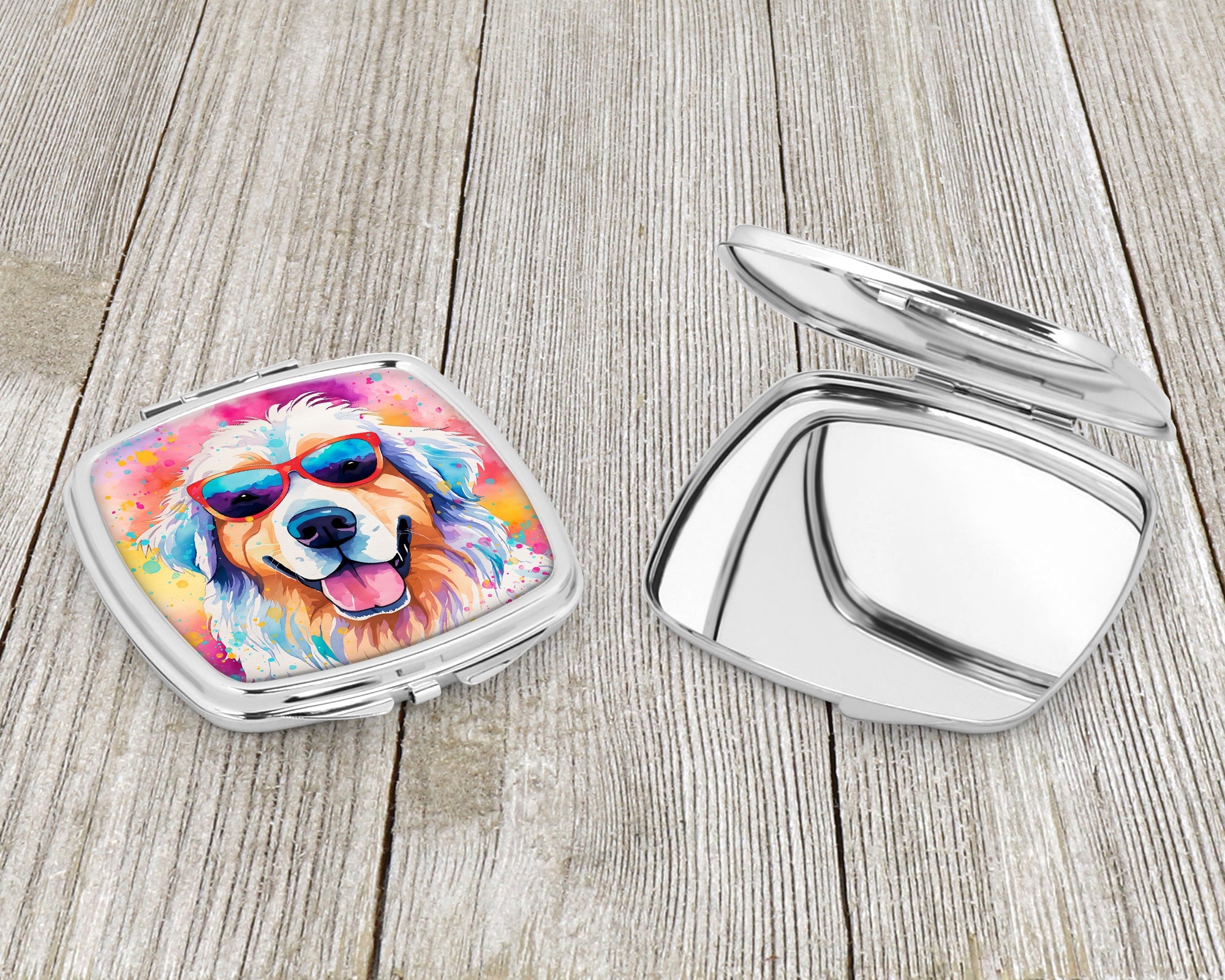 Great Pyrenees Hippie Dawg Compact Mirror Decorative Travel Makeup Mirror for Women Girls Gifts Pocket Makeup Mirror Folding Handheld