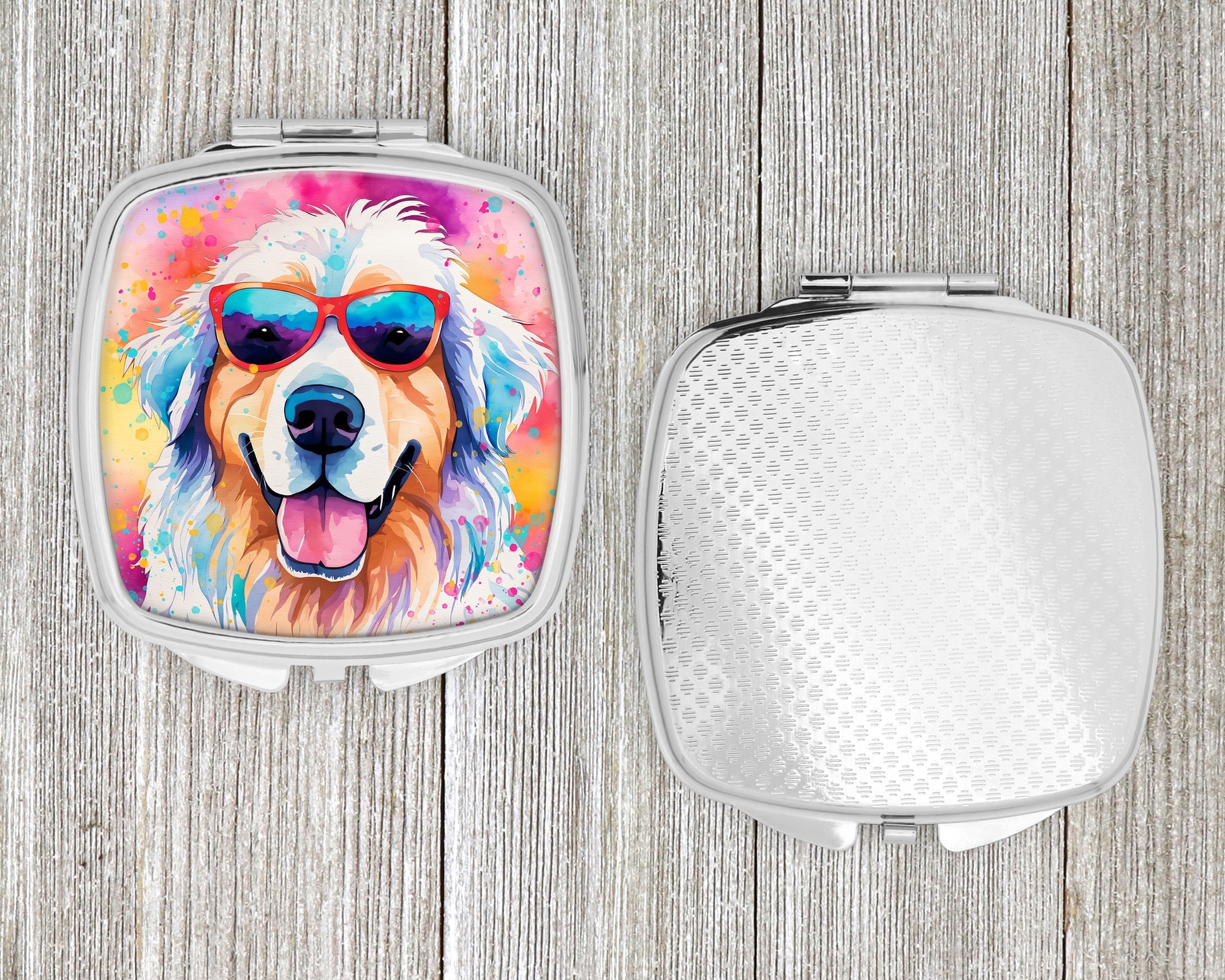 Great Pyrenees Hippie Dawg Compact Mirror Decorative Travel Makeup Mirror for Women Girls Gifts Pocket Makeup Mirror Folding Handheld