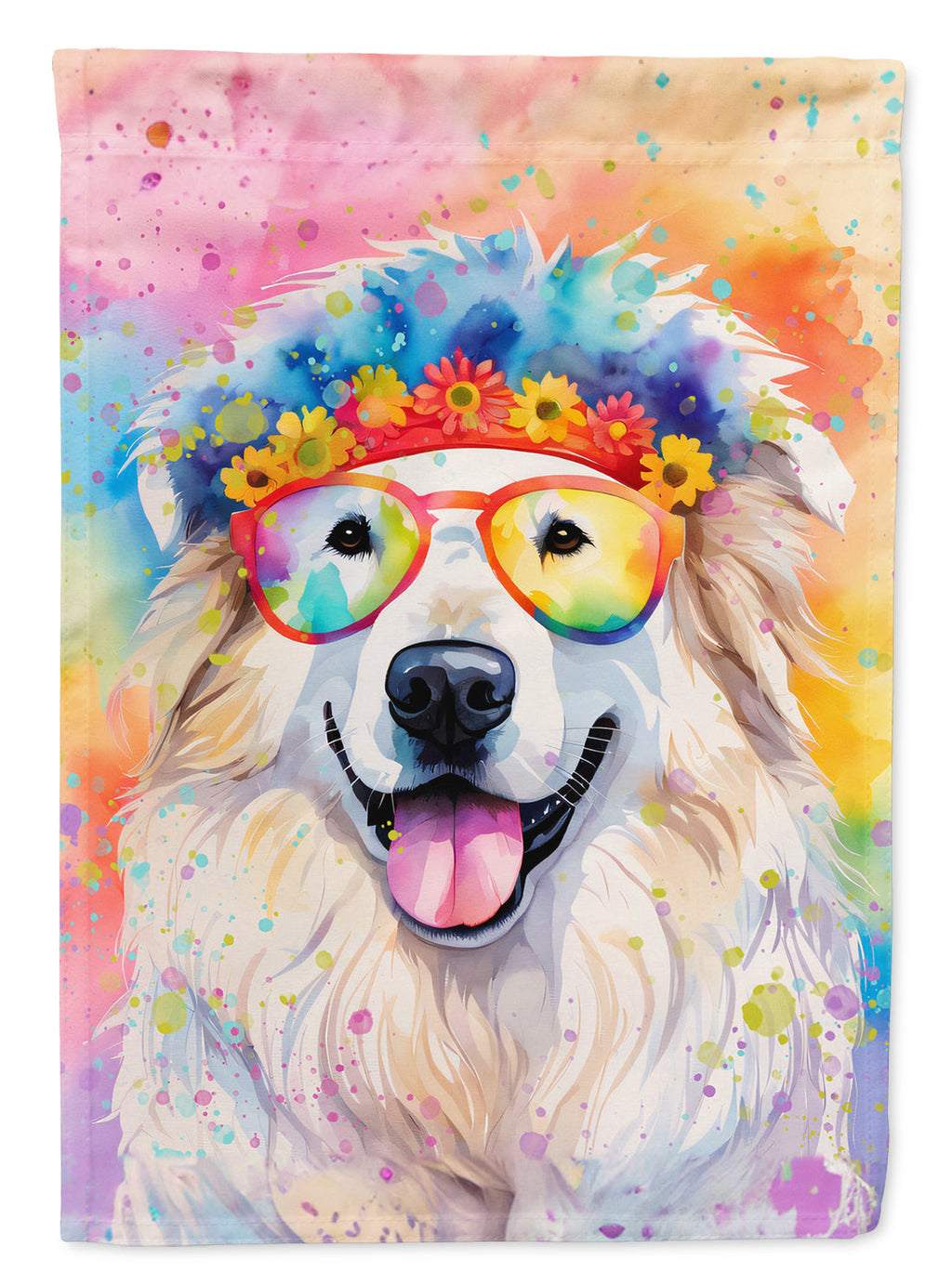 Great Pyrenees Hippie Dawg House Flag 28x40 Porch Sleeve Pole Decorative Outside Yard Banner Artwork Wall Hanging, Polyester