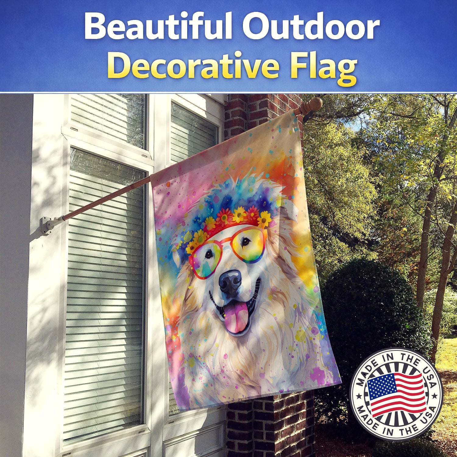 Great Pyrenees Hippie Dawg House Flag 28x40 Porch Sleeve Pole Decorative Outside Yard Banner Artwork Wall Hanging, Polyester