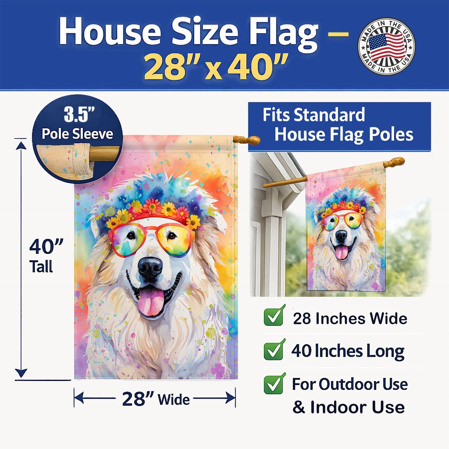Great Pyrenees Hippie Dawg House Flag 28x40 Porch Sleeve Pole Decorative Outside Yard Banner Artwork Wall Hanging, Polyester