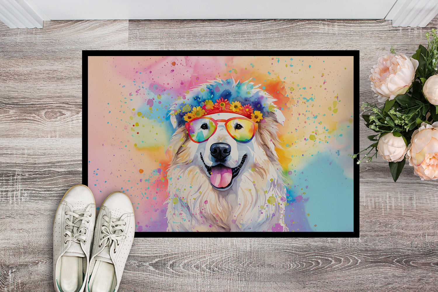 Great Pyrenees Hippie Dawg Doormat Indoor Outdoor 24H X 36W Front Door Mat Rugs for Entryway, Non Slip Washable Low Pile,