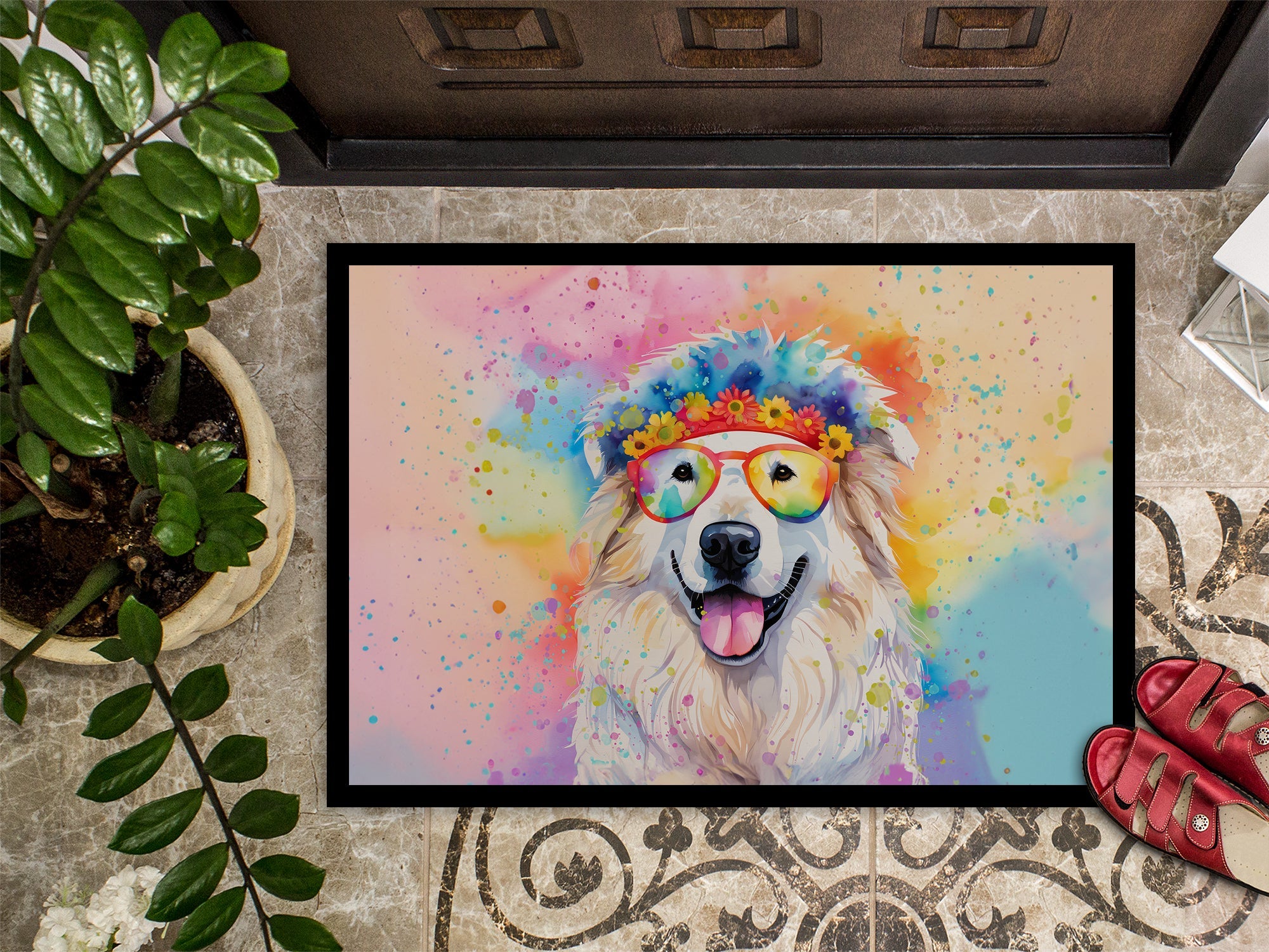 Great Pyrenees Hippie Dawg Doormat Indoor Outdoor 24H X 36W Front Door Mat Rugs for Entryway, Non Slip Washable Low Pile,