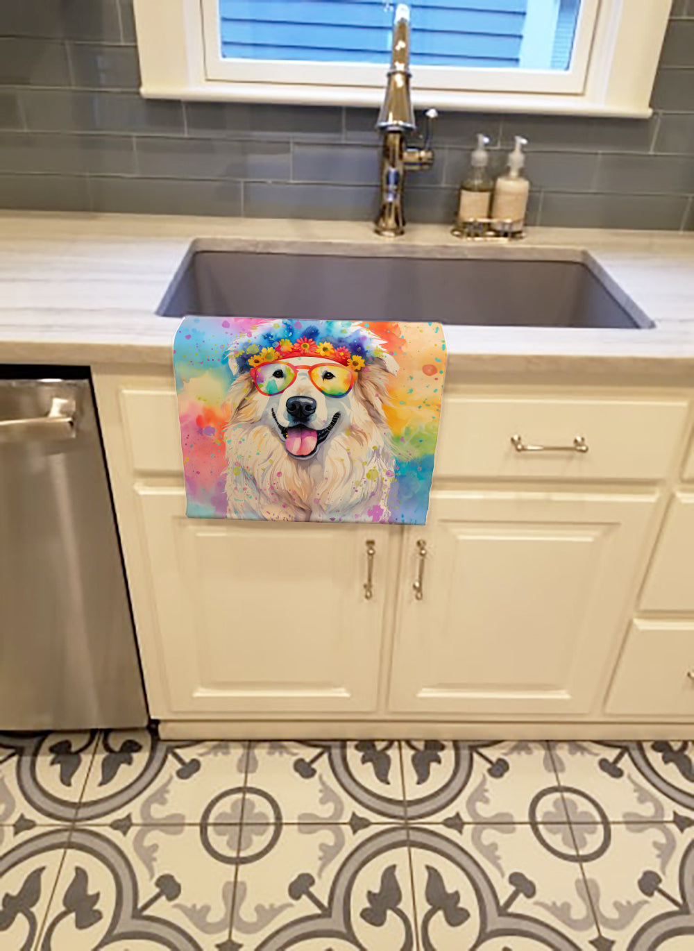 Great Pyrenees Hippie Dawg Kitchen Towel Velour Plush Front and Cotton Loop Back Machine Washable