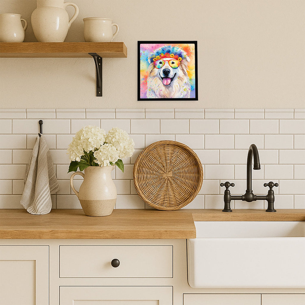 Great Pyrenees Hippie Dawg Framed Metal Print Bathroom, Kitchen, Office, Home Decor Wall Art Ready to Hang, Square, 8X8