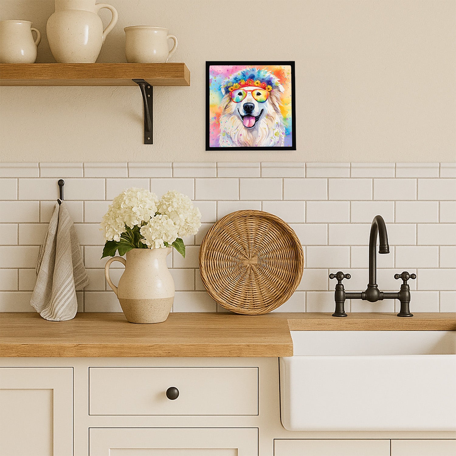 Great Pyrenees Hippie Dawg Framed Metal Print Bathroom, Kitchen, Office, Home Decor Wall Art Ready to Hang, Square, 8X8