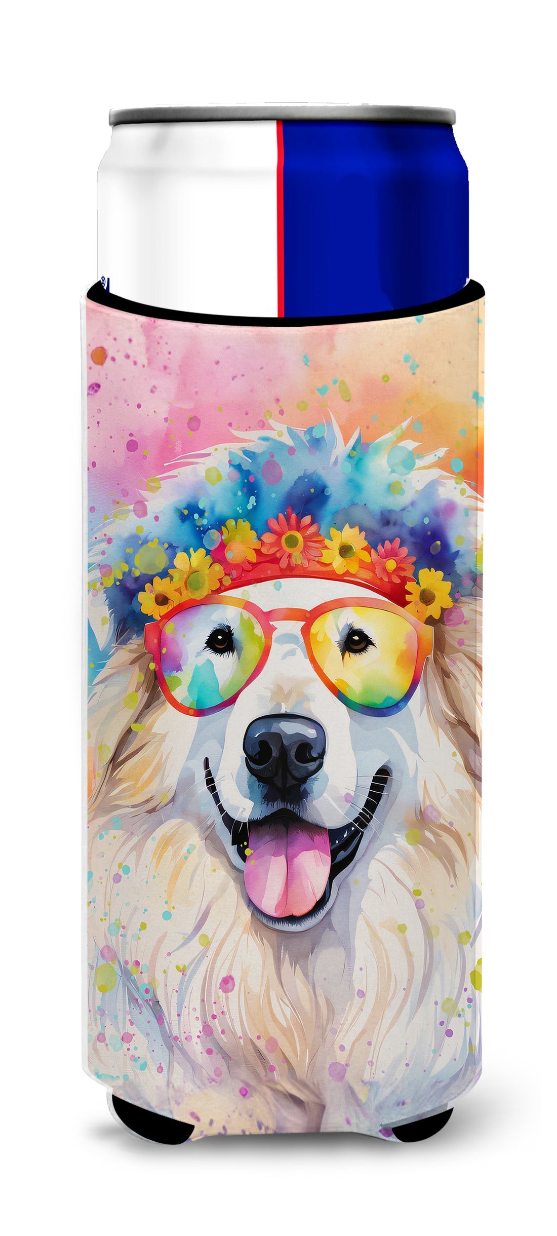 Great Pyrenees Hippie Dawg Slim Can Hugger , Insulated Foam Hugger for 12 oz Slim Cans, Beer Bottles & Water Bottles, Printed in USA