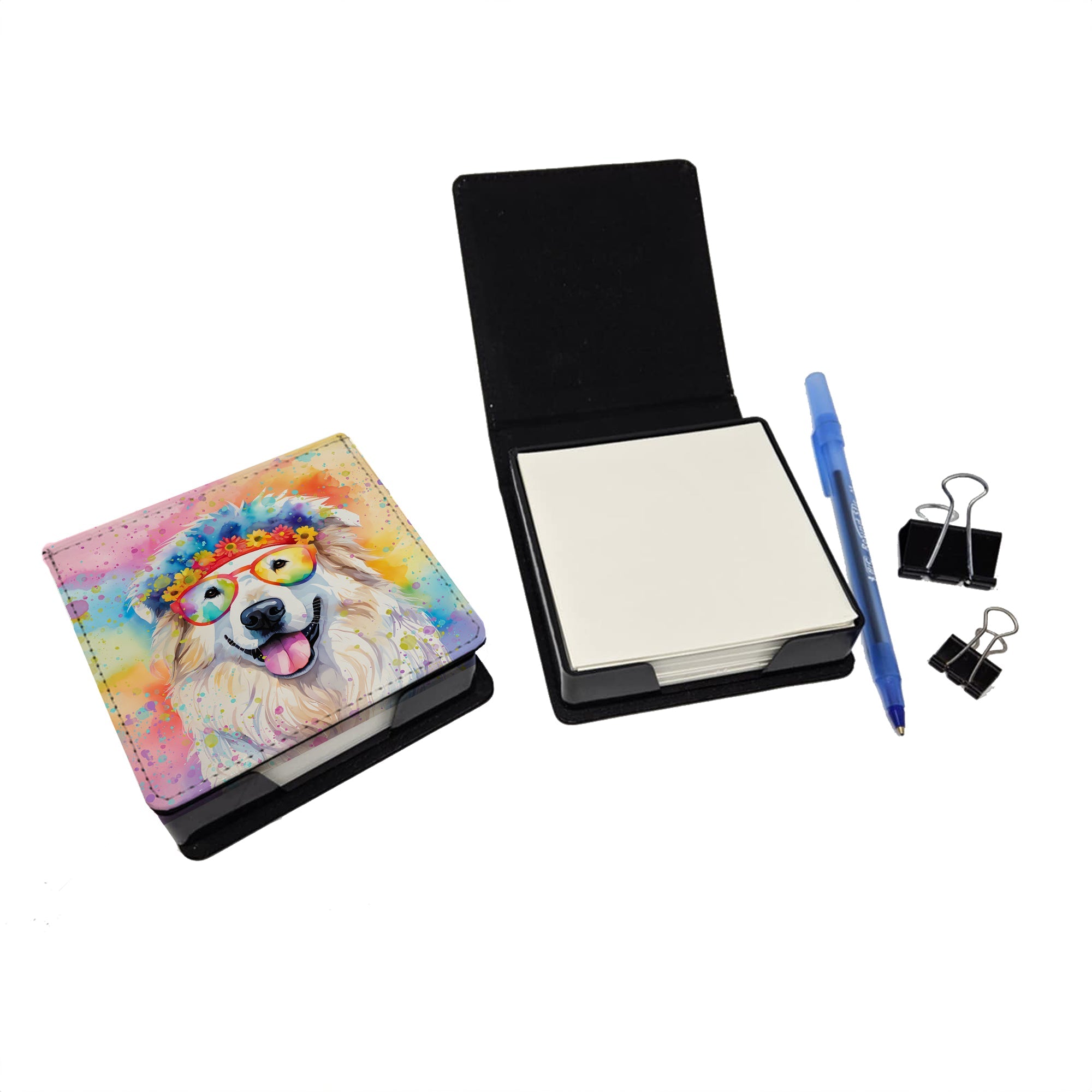 Great Pyrenees Hippie Dawg PU Leather Note Paper Holder with Artist-Designed Cover, Desk Accessory, Office Gift