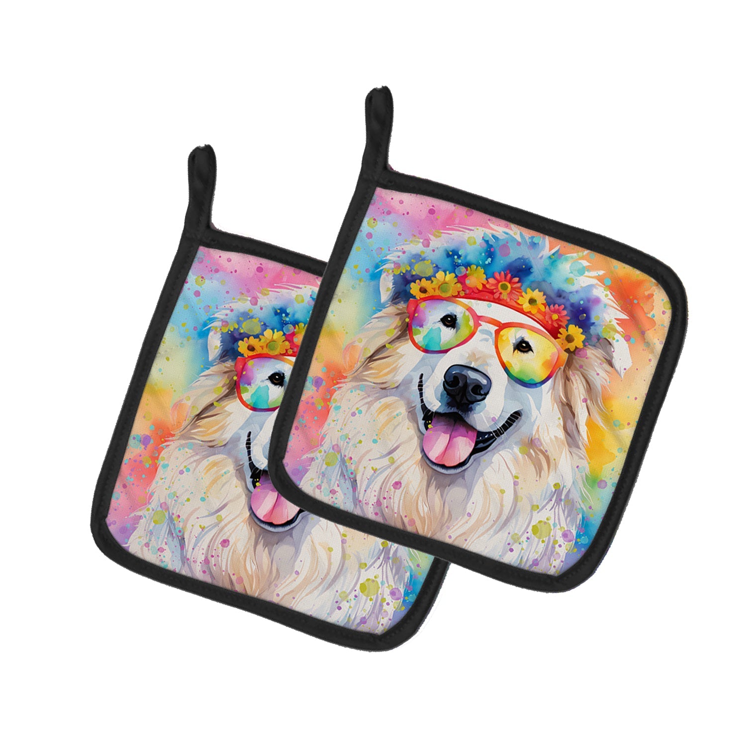 Great Pyrenees Hippie Dawg Pot Holder Set of 2 Heat Resistant Quilted Hot Pads 7.5 x 7.5 Inch, Insulated Kitchen Trivets for Cooking & Baking