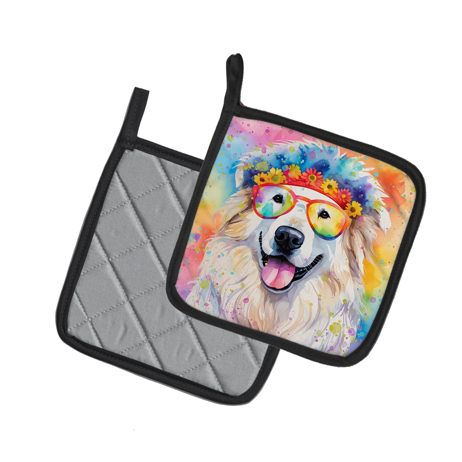 Great Pyrenees Hippie Dawg Pot Holder Set of 2 Heat Resistant Quilted Hot Pads 7.5 x 7.5 Inch, Insulated Kitchen Trivets for Cooking & Baking