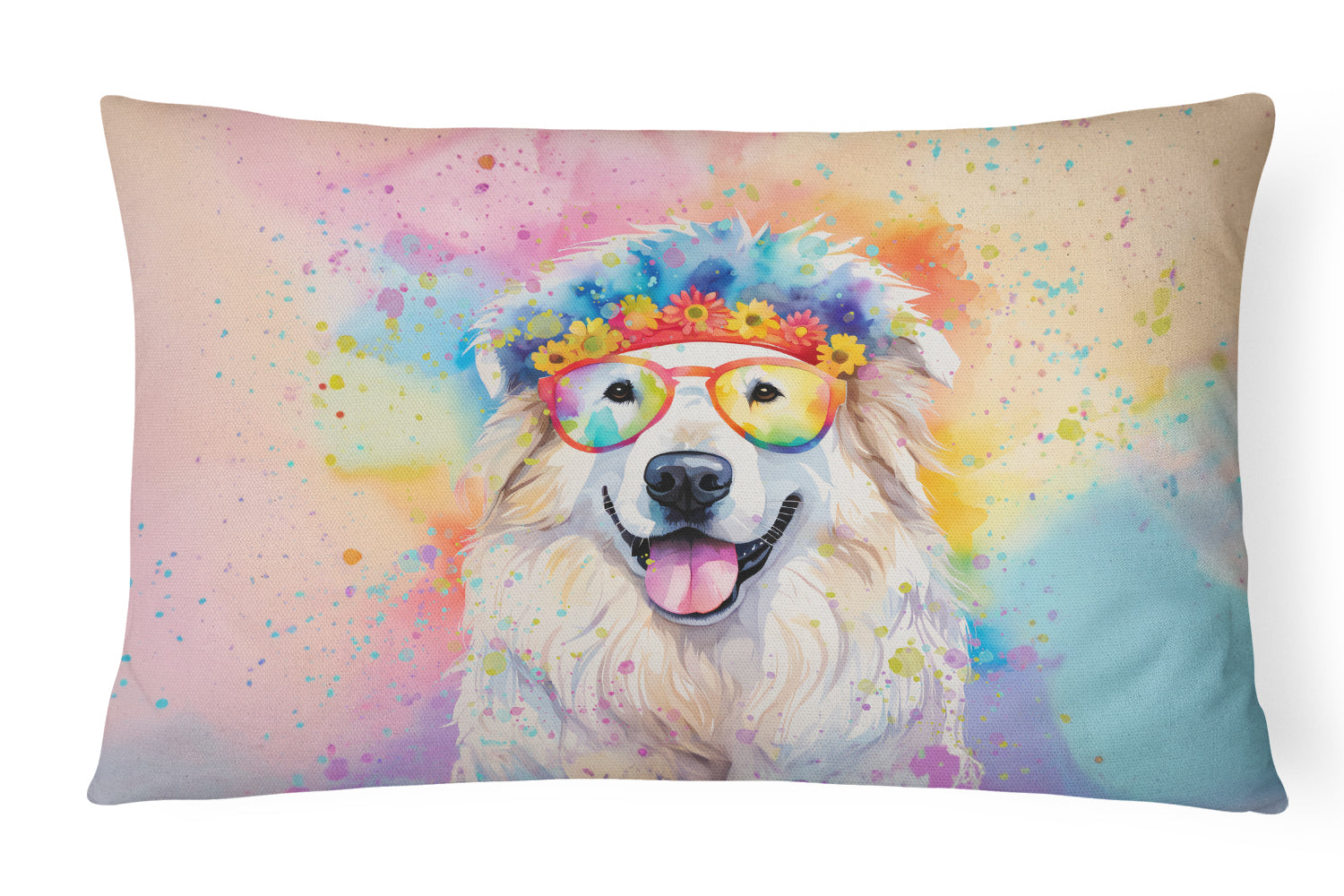Great Pyrenees Hippie Dawg Decorative Throw Pillow 12x16 Indoor Outdoor Accent Cushion, Fabric Cover with Insert for Sofa, Bed, Porch & Living Room