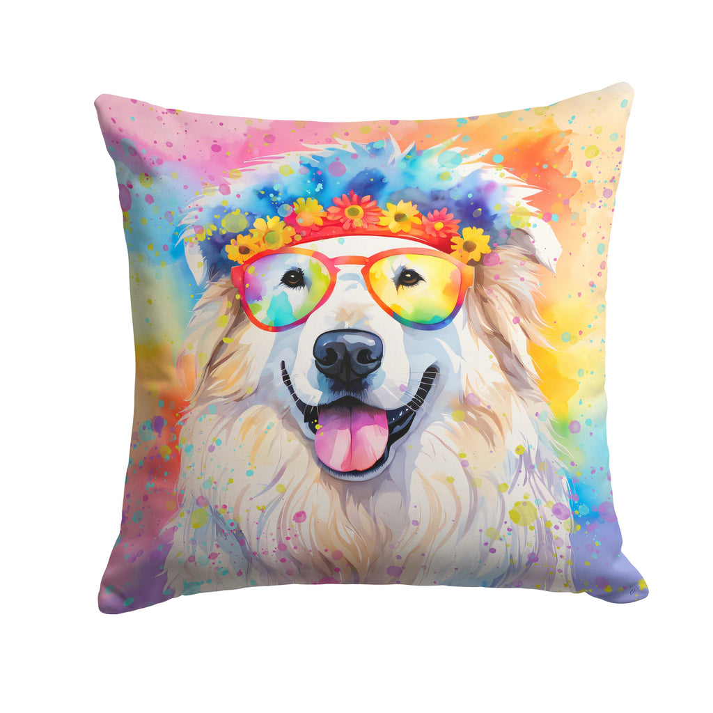 Great Pyrenees Hippie Dawg Decorative Throw Pillow 14x14 Indoor Outdoor Accent Cushion, Fabric Cover with Insert for Sofa, Bed, Porch & Living Room