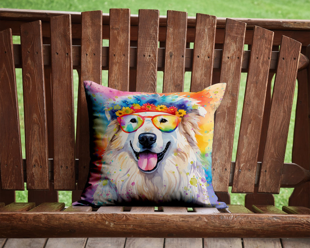Great Pyrenees Hippie Dawg Decorative Throw Pillow 14x14 Indoor Outdoor Accent Cushion, Fabric Cover with Insert for Sofa, Bed, Porch & Living Room