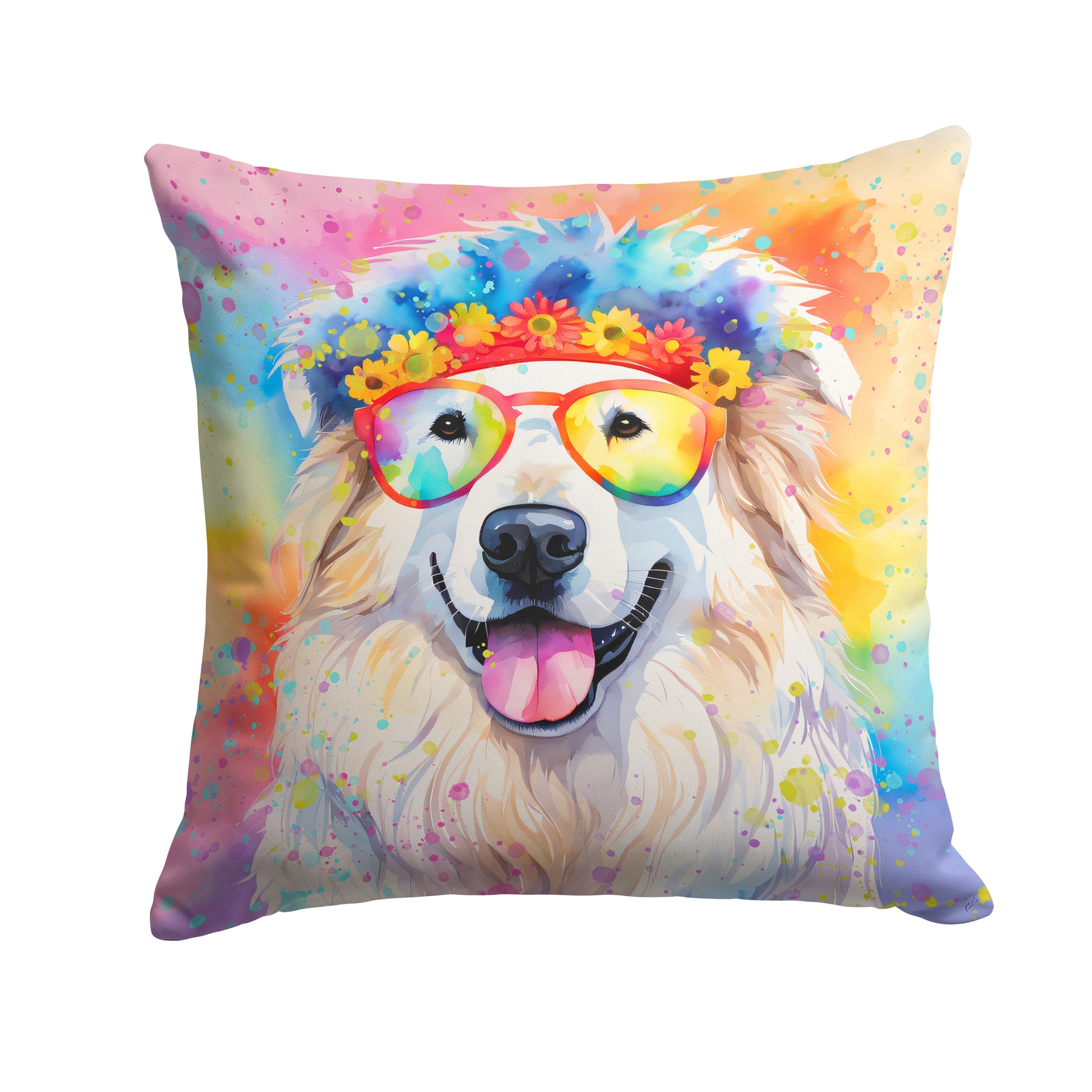 Great Pyrenees Hippie Dawg Decorative Throw Pillow 18x18 Indoor Outdoor Accent Cushion, Fabric Cover with Insert for Sofa, Bed, Porch & Living Room