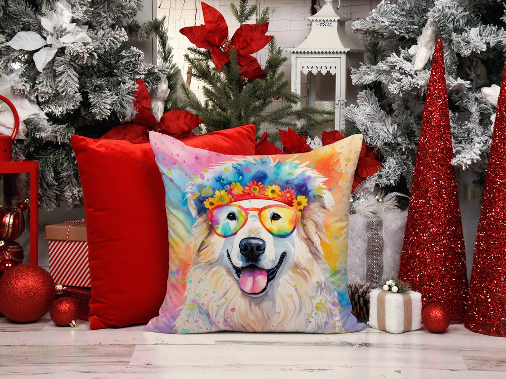 Great Pyrenees Hippie Dawg Decorative Throw Pillow 18x18 Indoor Outdoor Accent Cushion, Fabric Cover with Insert for Sofa, Bed, Porch & Living Room