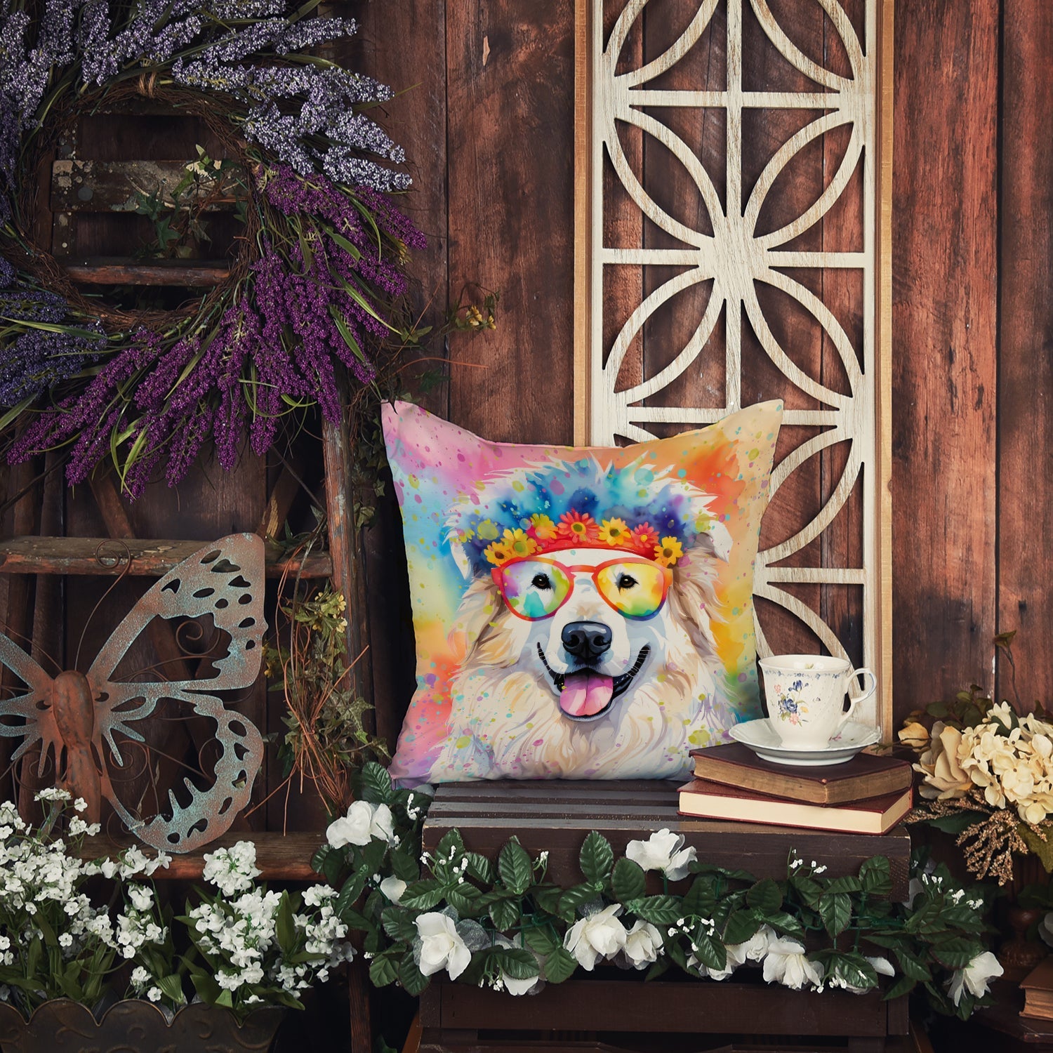 Great Pyrenees Hippie Dawg Decorative Throw Pillow 18x18 Indoor Outdoor Accent Cushion, Fabric Cover with Insert for Sofa, Bed, Porch & Living Room