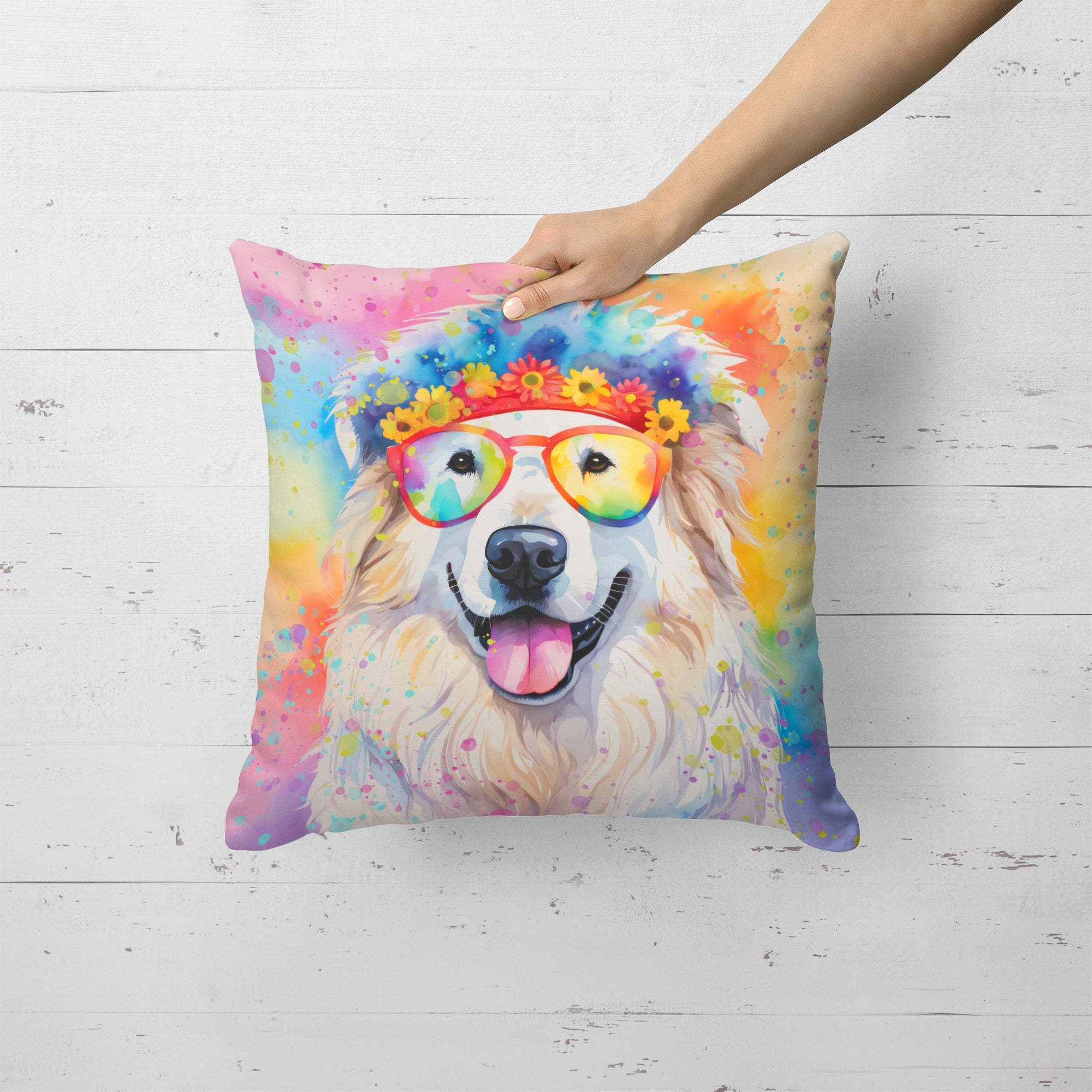 Great Pyrenees Hippie Dawg Decorative Throw Pillow 18x18 Indoor Outdoor Accent Cushion, Fabric Cover with Insert for Sofa, Bed, Porch & Living Room