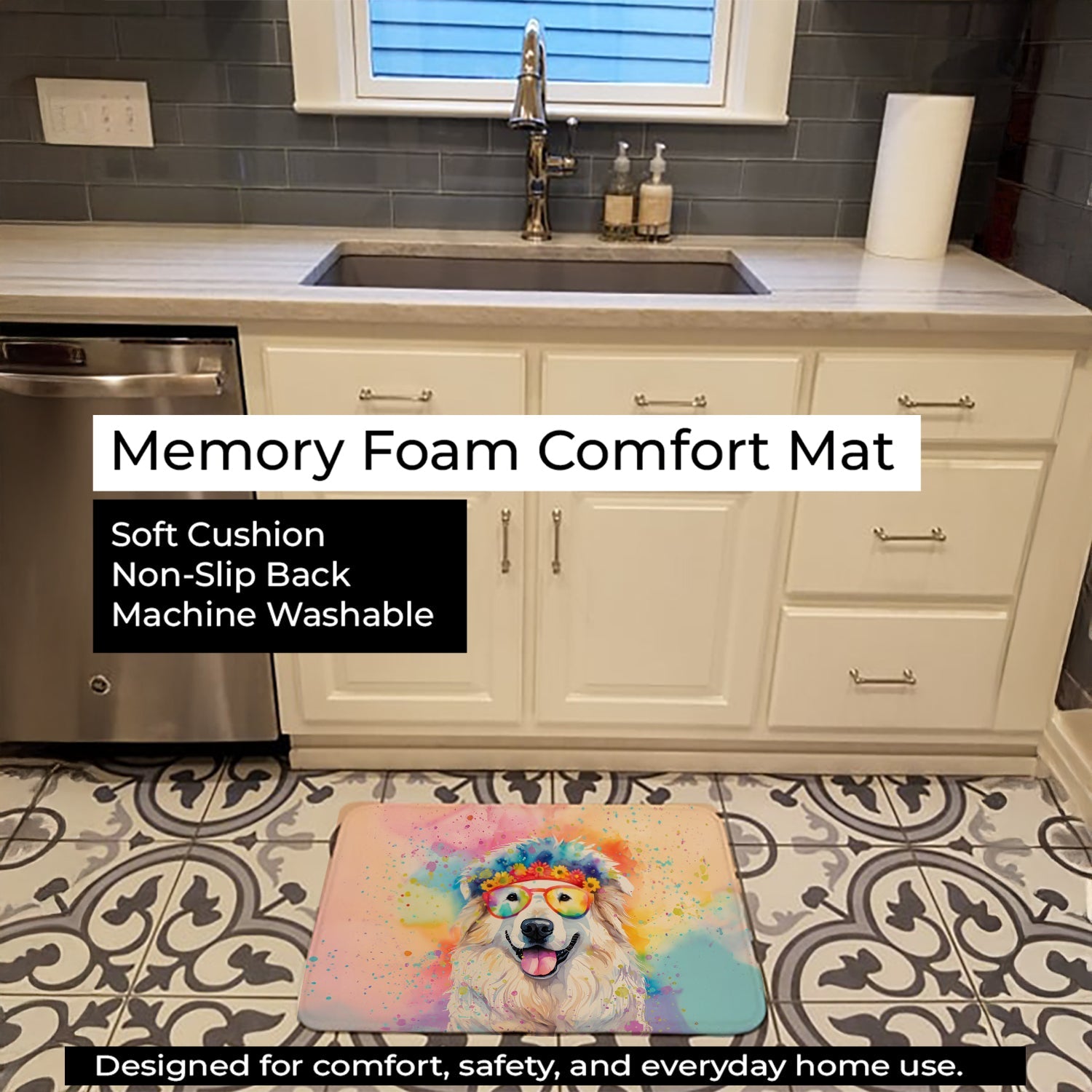 Great Pyrenees Hippie Dawg Memory Foam Kitchen Mat Machine Washable Anti-Fatigue Cushion Comfort Bath or Kitchen Rug
