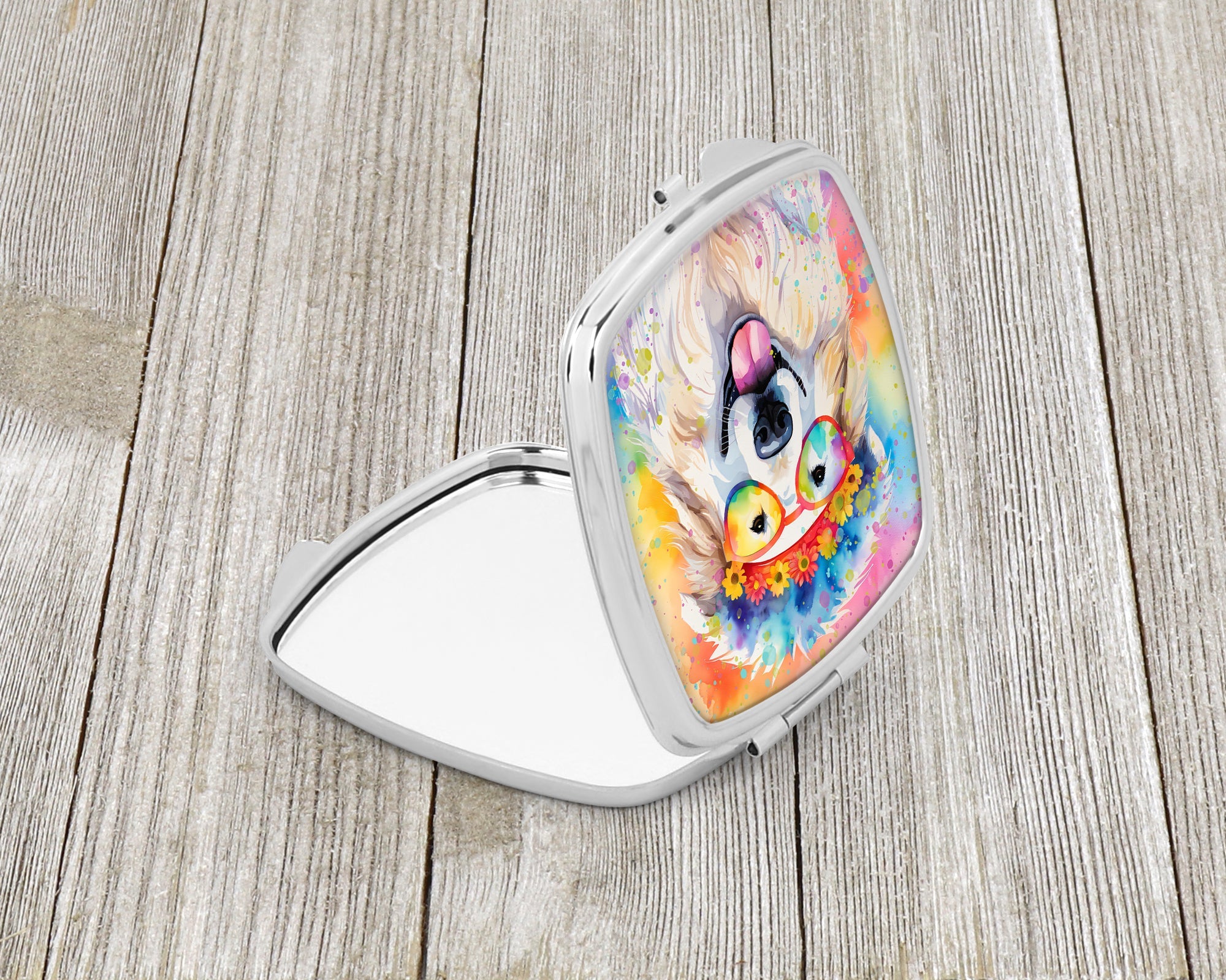 Great Pyrenees Hippie Dawg Compact Mirror Decorative Travel Makeup Mirror for Women Girls Gifts Pocket Makeup Mirror Folding Handheld