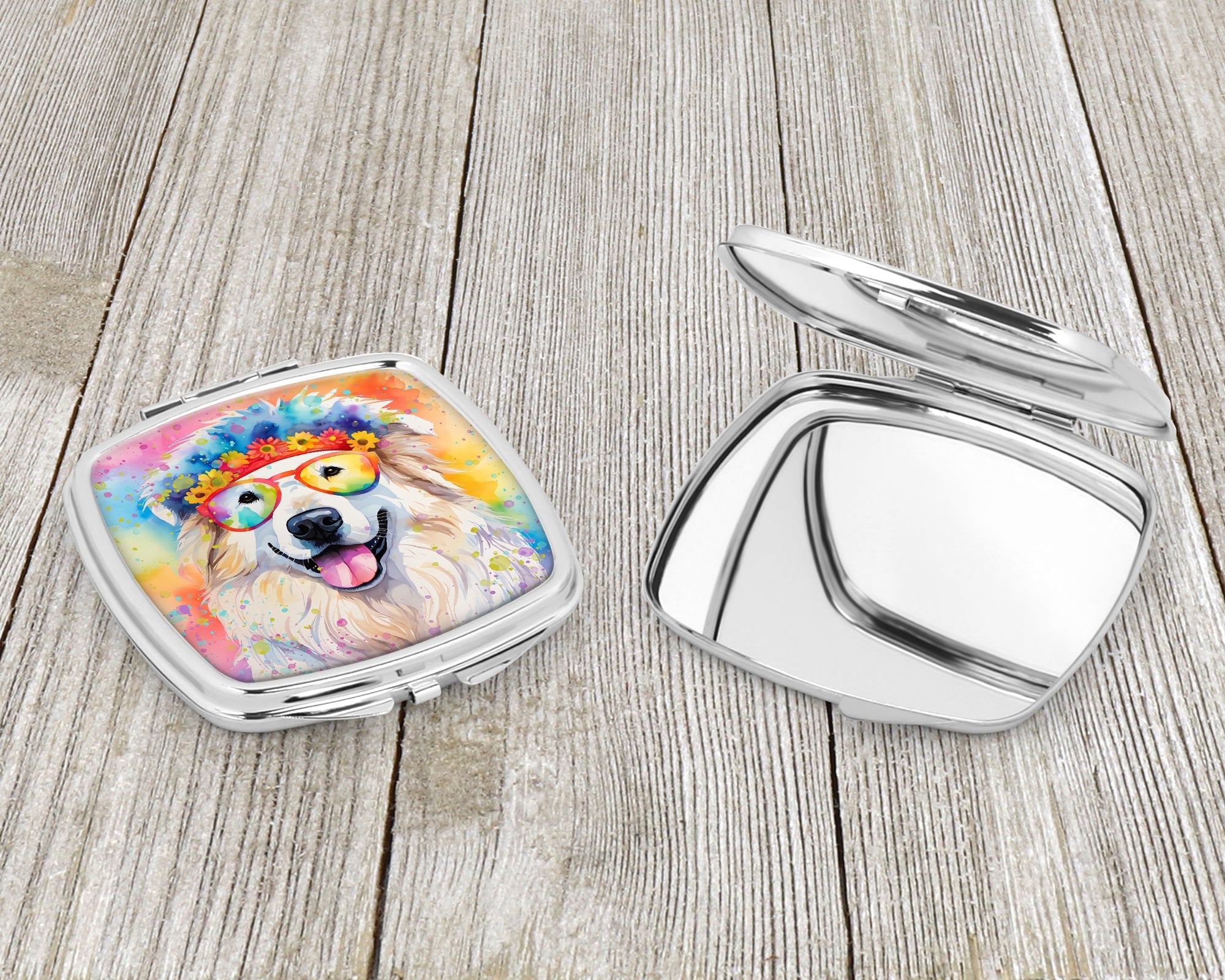 Great Pyrenees Hippie Dawg Compact Mirror Decorative Travel Makeup Mirror for Women Girls Gifts Pocket Makeup Mirror Folding Handheld
