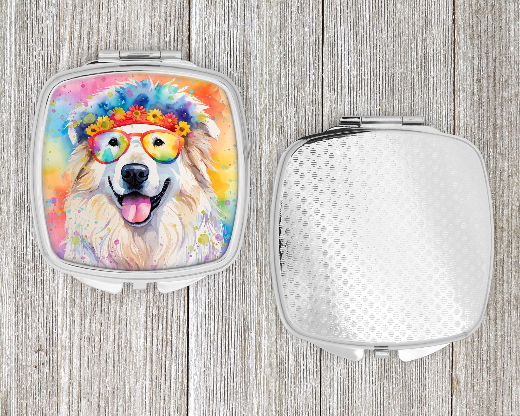 Great Pyrenees Hippie Dawg Compact Mirror Decorative Travel Makeup Mirror for Women Girls Gifts Pocket Makeup Mirror Folding Handheld
