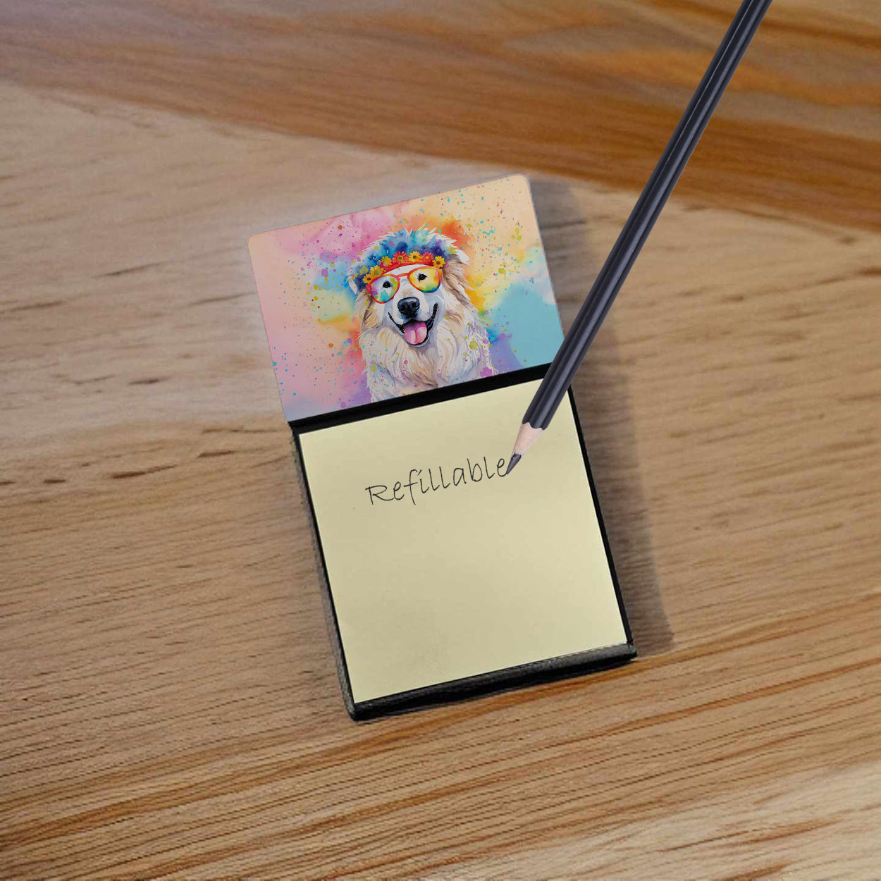 Great Pyrenees Hippie Dawg Watercolor Sticky Note Holder Refillable Dispenser Desk Accessory 3x3 Pad Gift