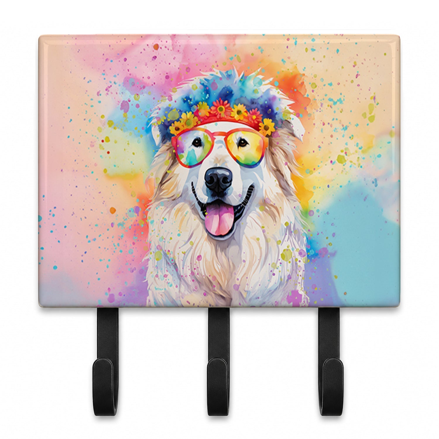 Great Pyrenees Hippie Dawg Leash or Key Holder Wall Hooks, Coat Rack Wall Mount, for Hanging Keys, Towels, Aprons, Leashes