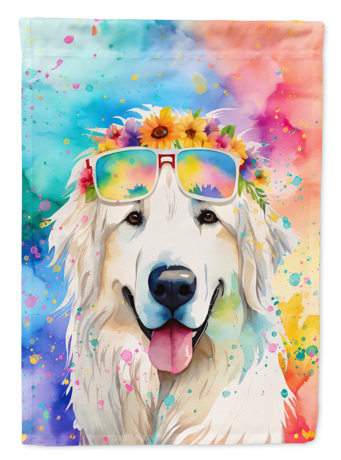 Great Pyrenees Hippie Dawg House Flag 28x40 Porch Sleeve Pole Decorative Outside Yard Banner Artwork Wall Hanging, Polyester