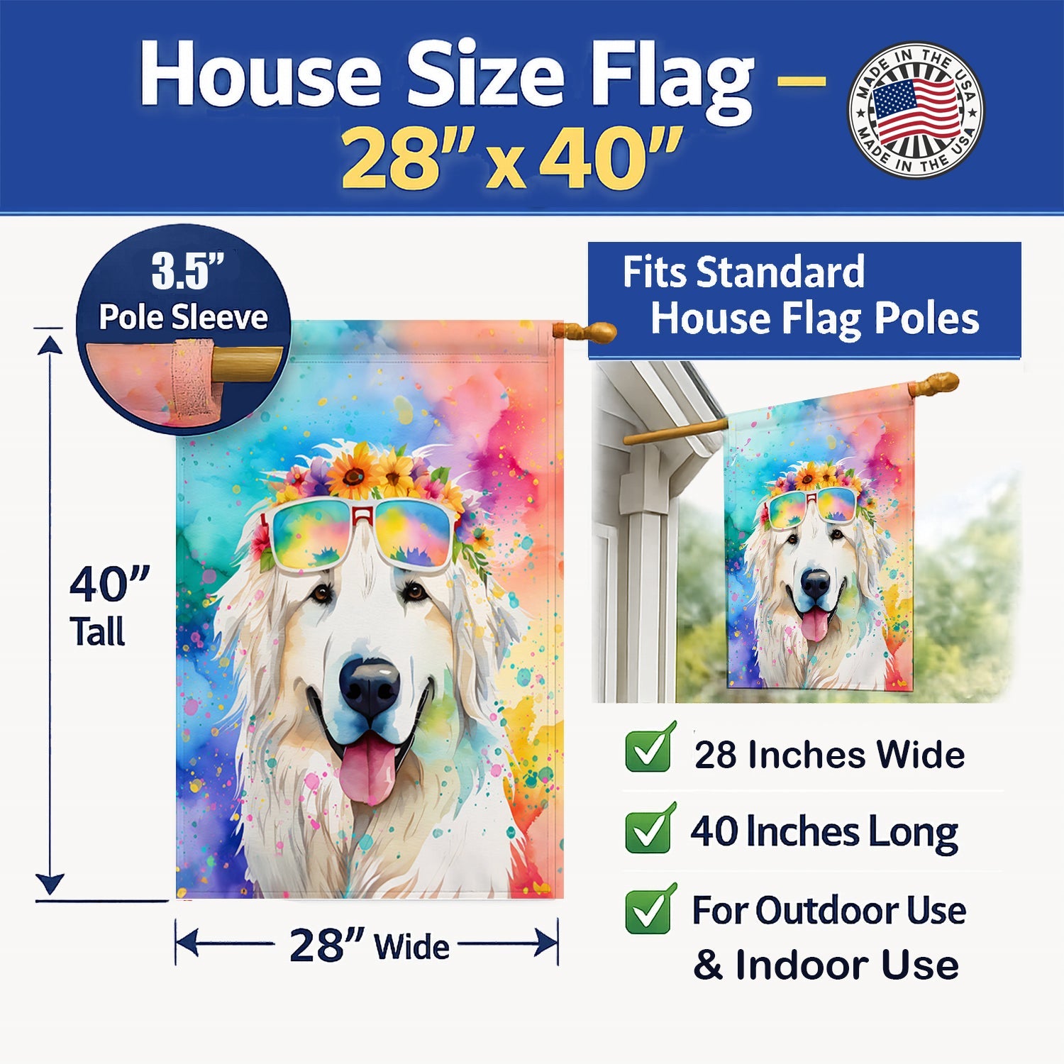 Great Pyrenees Hippie Dawg House Flag 28x40 Porch Sleeve Pole Decorative Outside Yard Banner Artwork Wall Hanging, Polyester