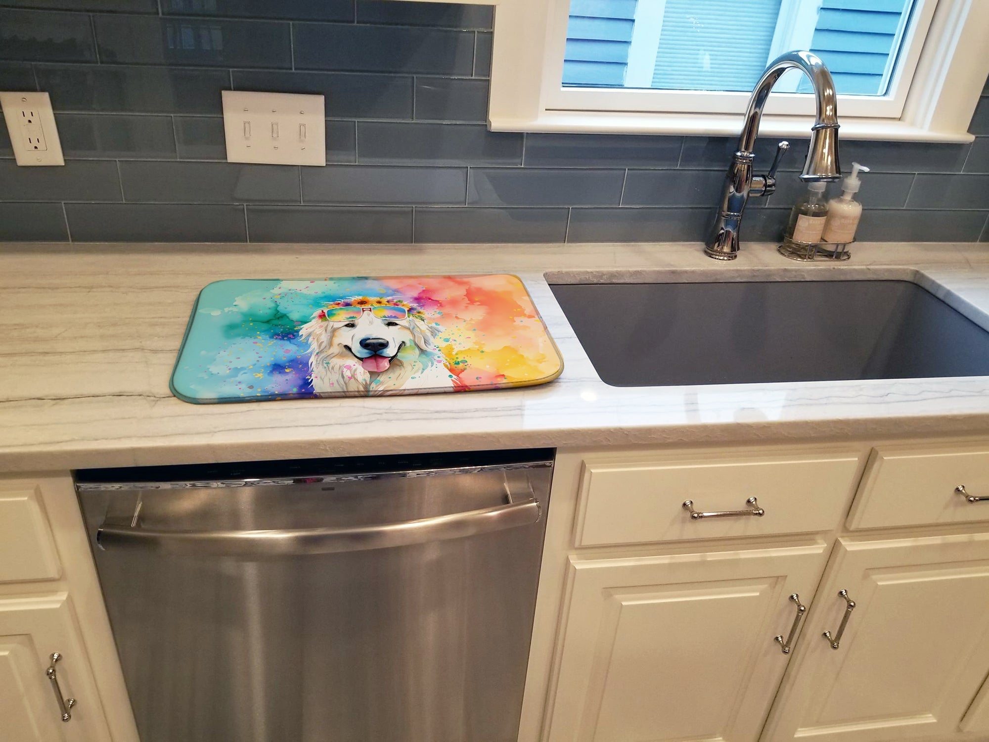 Great Pyrenees Hippie Dawg Dish Drying Mat Absorbent Dish Drying Mat Pad for Kitchen Counter Dish Drainer Mat for Countertop, 14 x 21", Multicolor