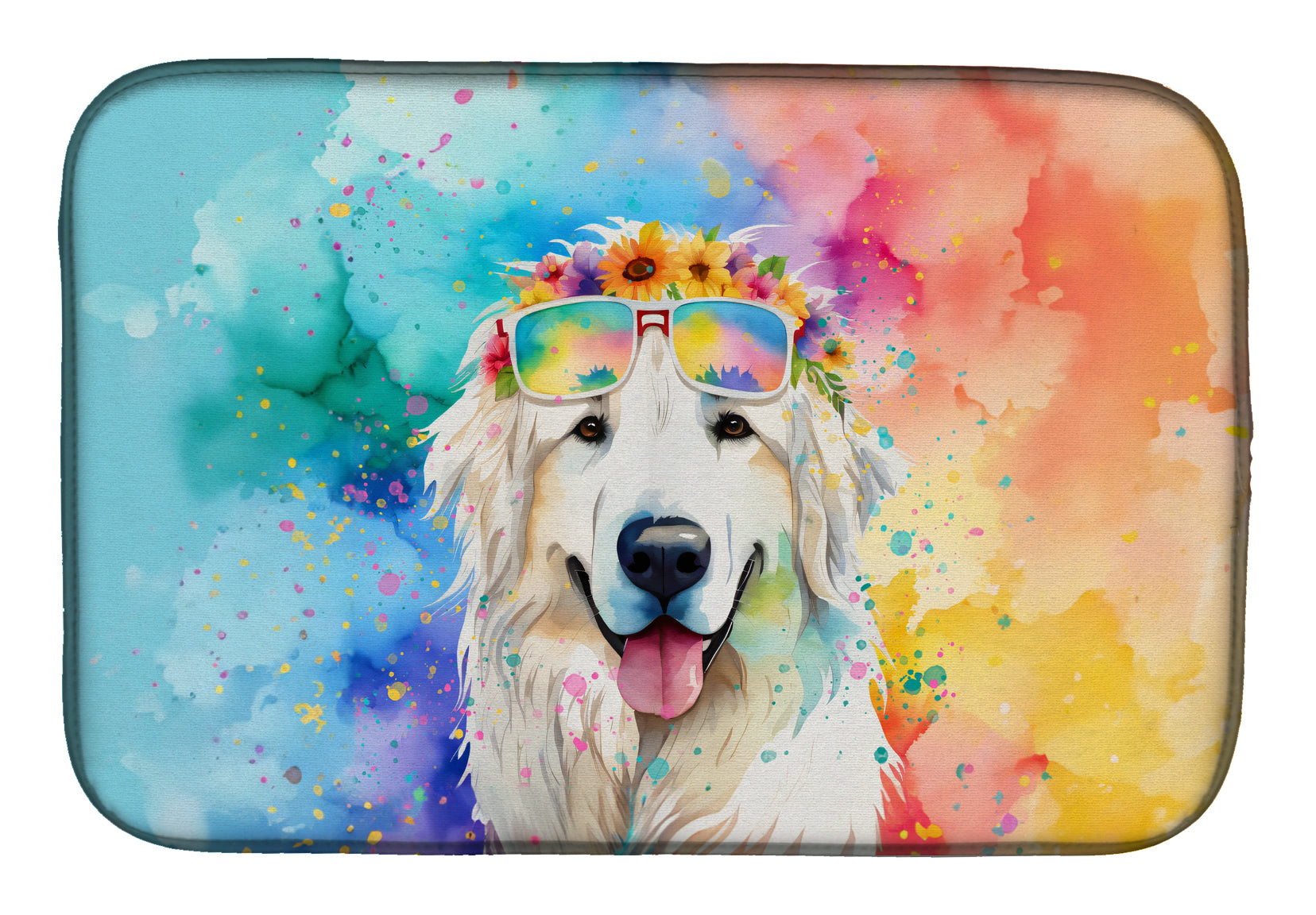 Great Pyrenees Hippie Dawg Dish Drying Mat Absorbent Dish Drying Mat Pad for Kitchen Counter Dish Drainer Mat for Countertop, 14 x 21", Multicolor