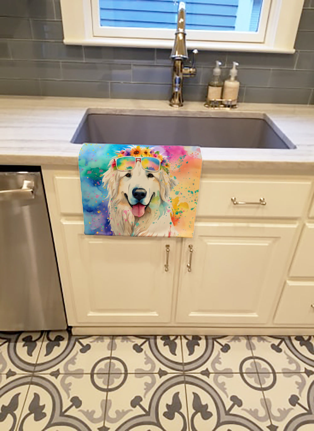 Great Pyrenees Hippie Dawg Kitchen Towel Velour Plush Front and Cotton Loop Back Machine Washable