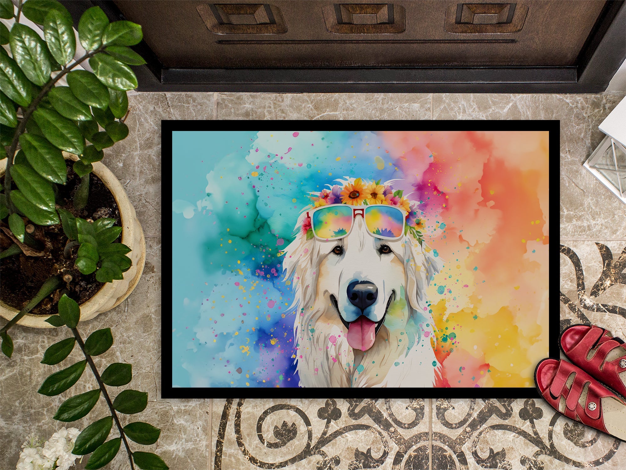 Great Pyrenees Hippie Dawg Doormat Indoor Outdoor 18H X 27W Front Door Mat Rugs for Entryway, Non Slip Washable