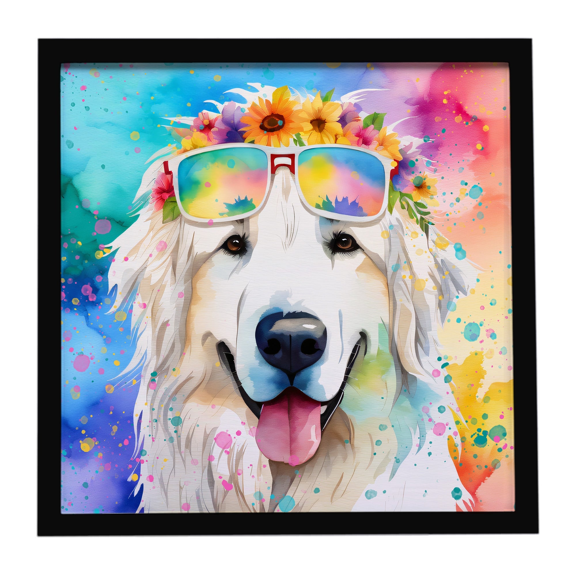 Great Pyrenees Hippie Dawg Framed Metal Print Bathroom, Kitchen, Office, Home Decor Wall Art Ready to Hang, Square, 8X8
