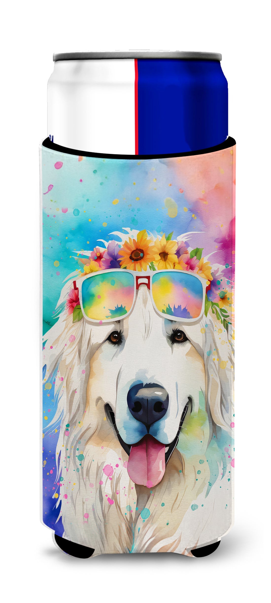 Great Pyrenees Hippie Dawg Slim Can Hugger , Insulated Foam Hugger for 12 oz Slim Cans, Beer Bottles & Water Bottles, Printed in USA