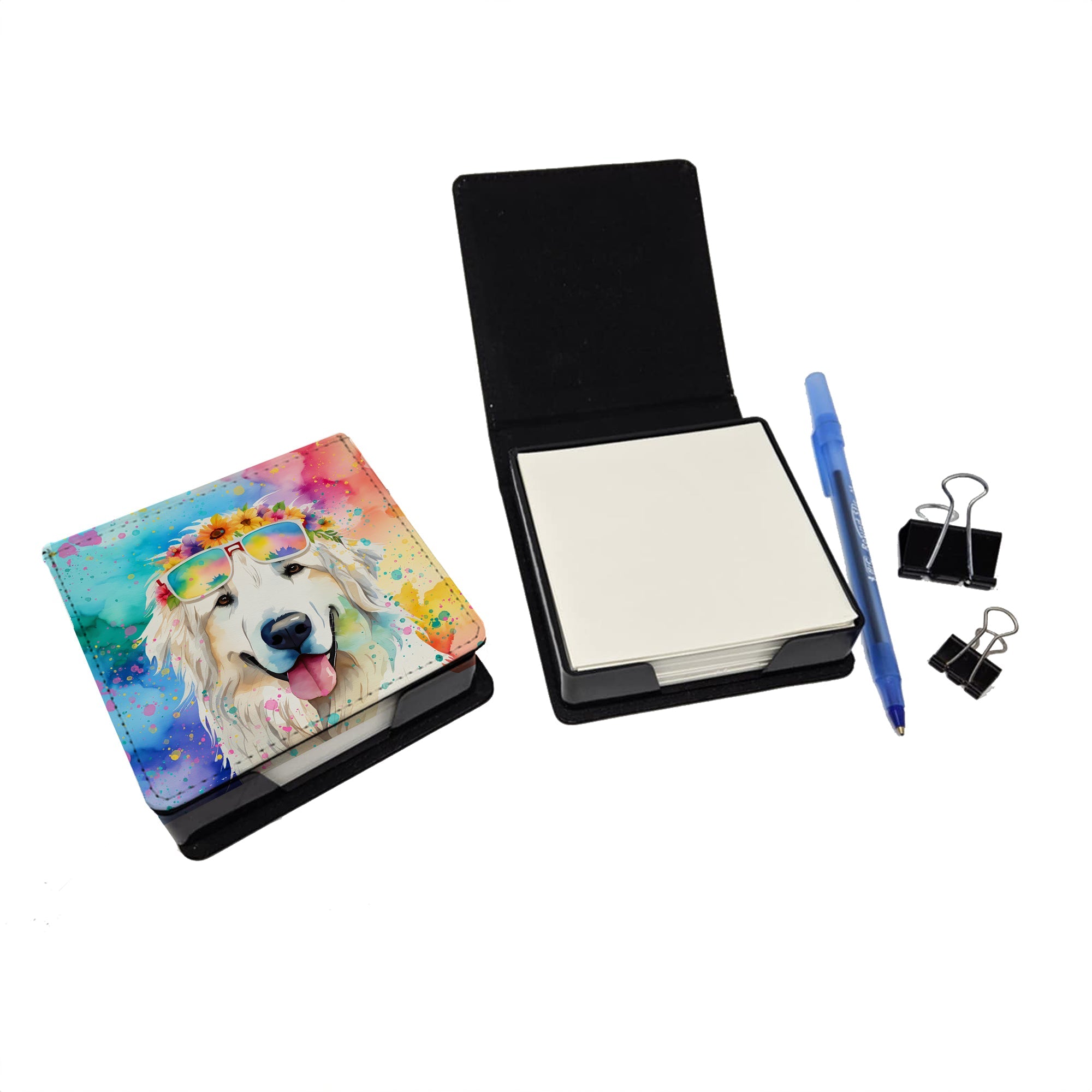 Great Pyrenees Hippie Dawg PU Leather Note Paper Holder with Artist-Designed Cover, Desk Accessory, Office Gift